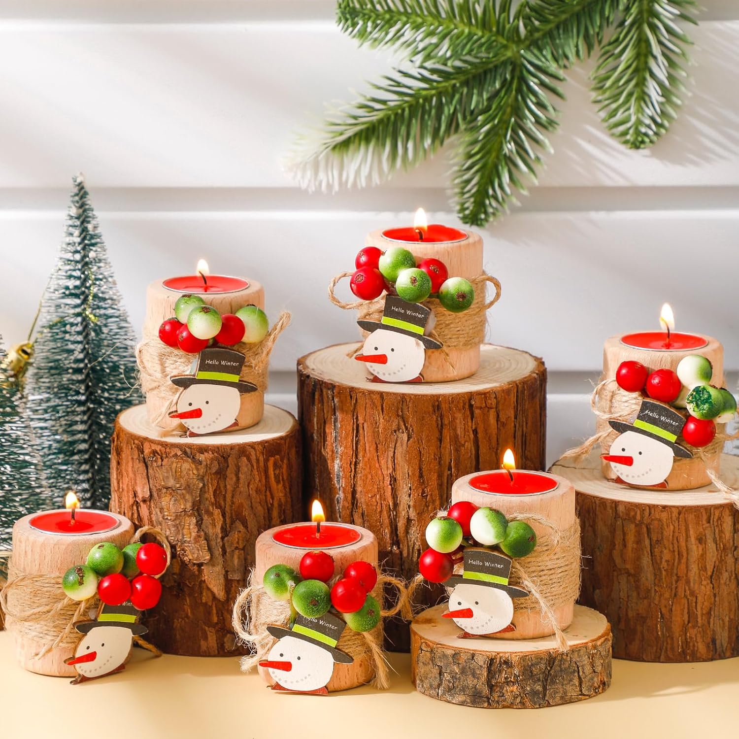 20 Pcs Christmas Wood Candle Holders Wooden Cylinder Votive Candle Holders Tealight Candle Holder with Tea Lights Candles and Tag for Xmas Table Centerpiece Decor Thank You Gifts(Snowman Style)