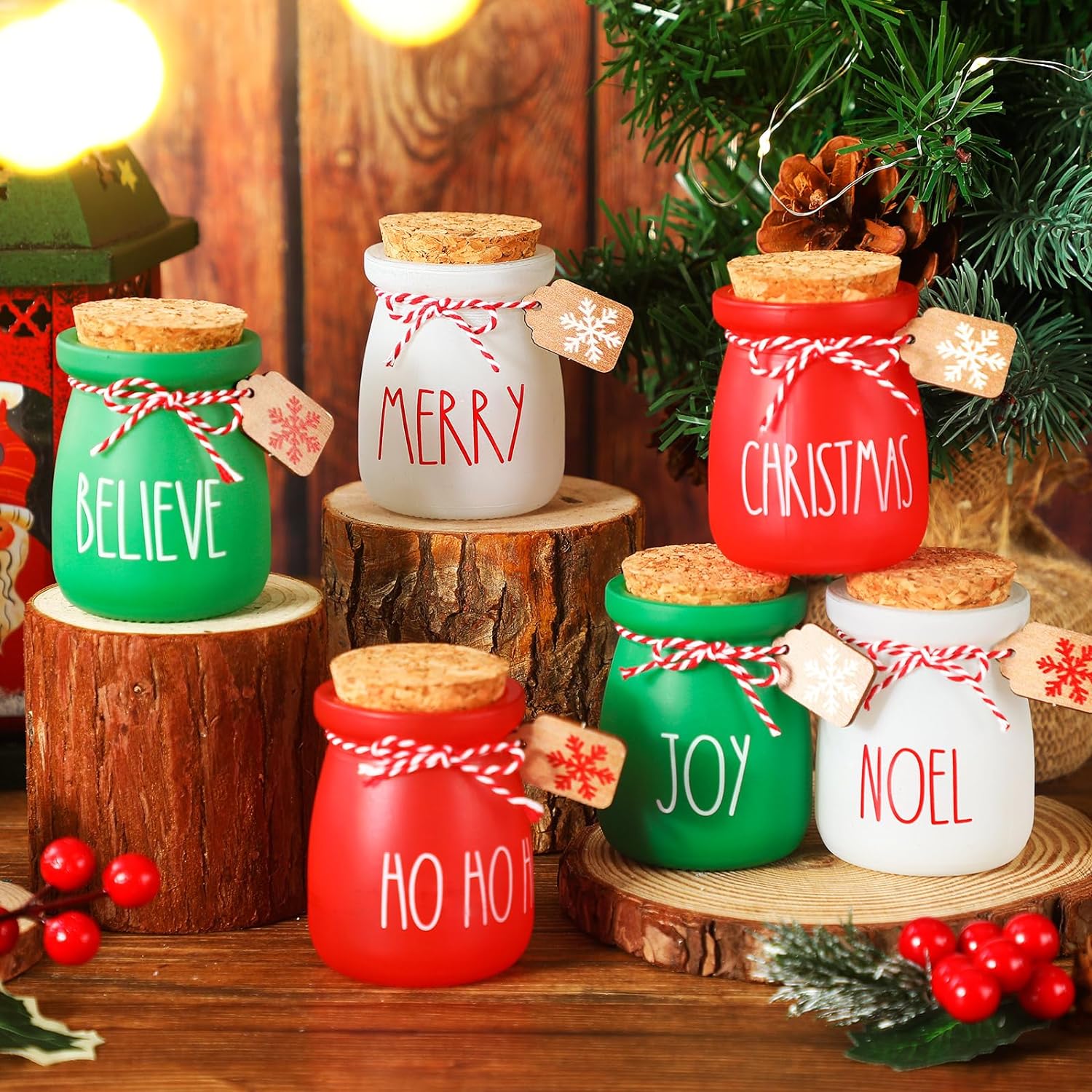 Umigy 6 Pcs Christmas Mini Mason Jars Xmas Mini Pudding Jars Christmas Tiered Tray Decor for Table Holiday Farmhouse Decor for Shelves Mason Jar Decorations with Label Tags String for Xmas Party