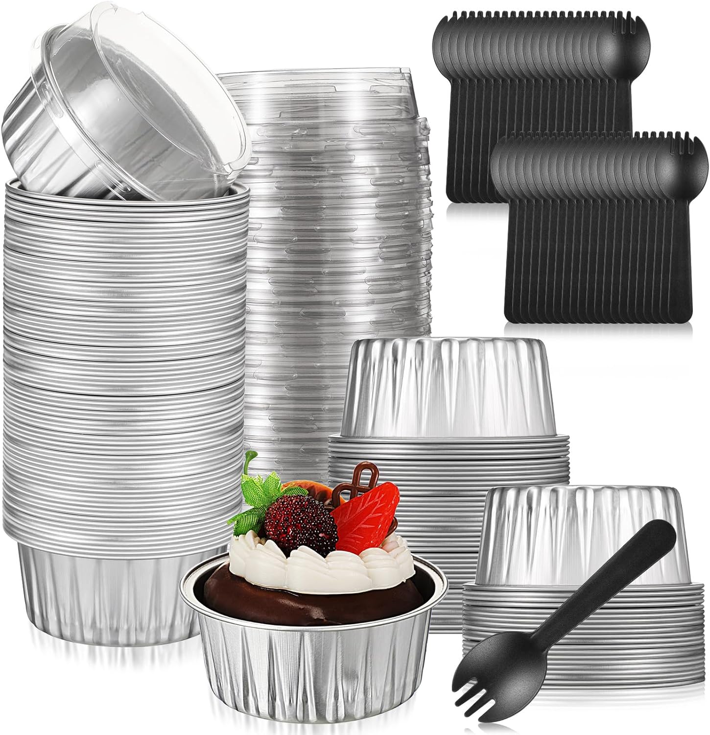 Umigy 100 Pack Cupcake Liners with Lids 5oz Aluminum Foil Cupcake Cups Muffin Tins Silver Baking Cups Cupcake Wrappers Holders with Spoons for Individual Bakery Picnic Wedding Birthday Party