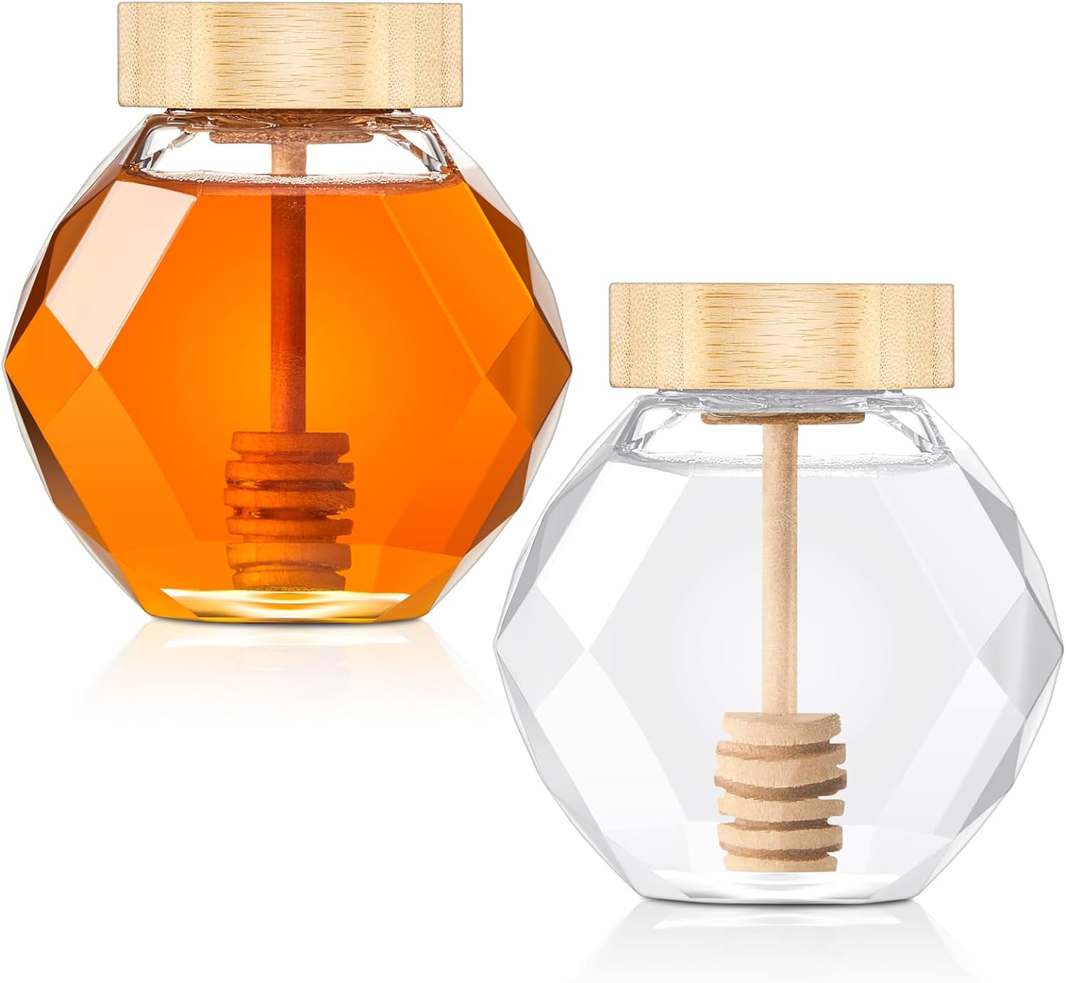 Umigy 2 Pcs 8 oz Glass Honey Dispenser with Wooden Spiral Drip Dipper Clear Hexagon Shape Small Honey Container with Dipper and Lid for Home Storage Syrup Kitchen