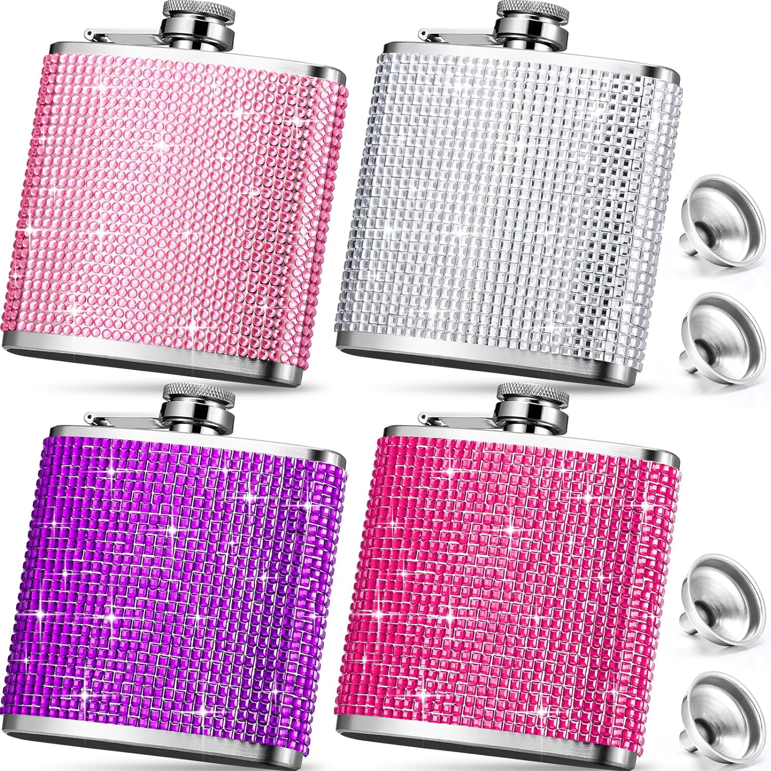 Umigy 4 Pcs Diamond Flasks for Liquor for Women, 6 oz Glitter Hip Flask Cute Rhinestones Stainless Steel Flask with Funnel Set for Vodka Whiskey Alcohol (Multicolor,Assorted Style)