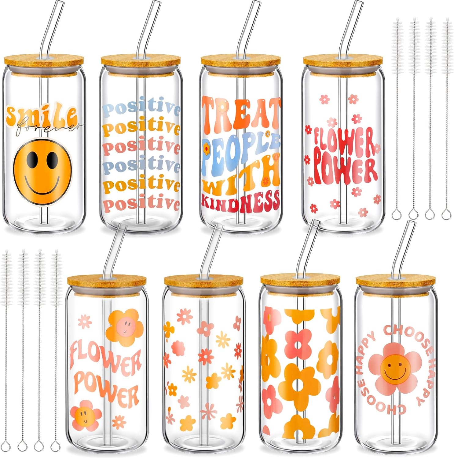 Umigy 8 Pcs Boho Cute Glass Cups with Lids and Straws Daisy Ice Coffee Cup 16 oz Face Groovy Beer Glass Daisy Retro Glass Drinking Jars with Cleaning Brushes for Christmas Gift Party Supplies