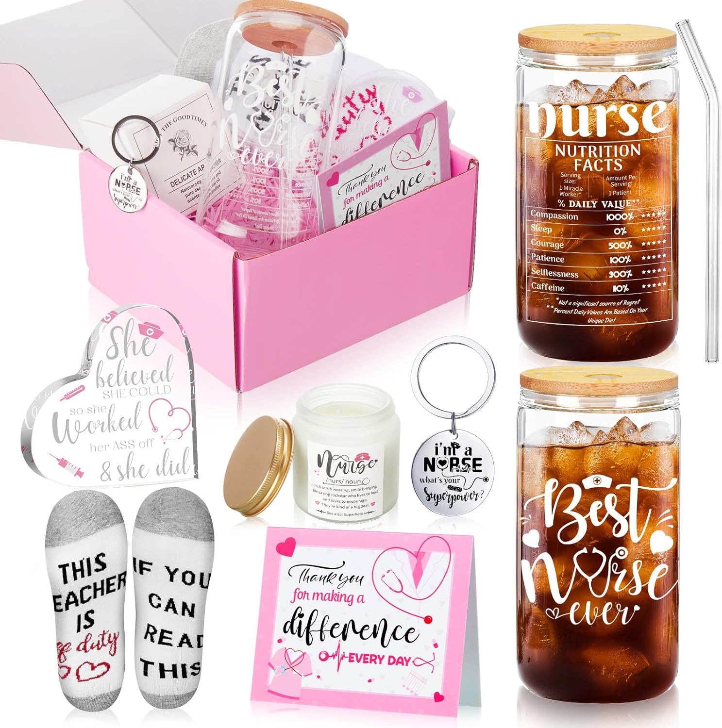 Umigy Set of 8 Nurse Gifts for Women Christmas Nurse Appreciation Gifts Sets Nurse Day Gift Basket Glass Cup Acrylic Keepsake Candle Socks Keychain Card Box Practitioner Nursing School Graduation Gift