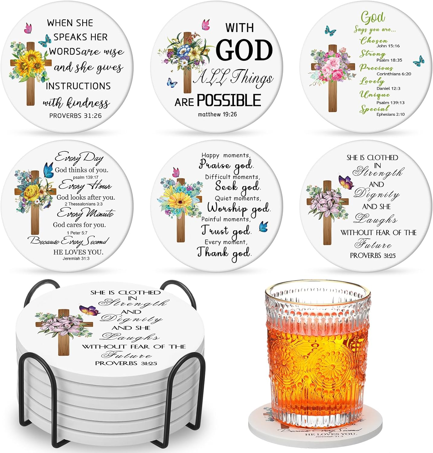 Umigy 6 Set Inspirational Coasters Christian Coasters for Religious Gifts Inspirational Gifts Ceramic Coasters with Bible Verses Absorbent Drinks Coasters with Holder Cork Table Desk Decoration