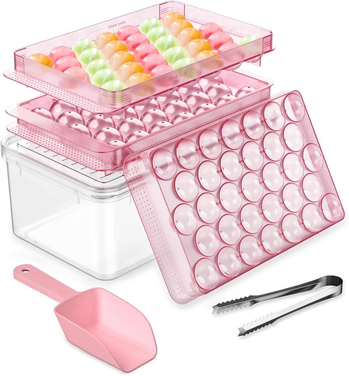 Ice Cube Tray with Lid and Bin, PHINOX Round Ice Trays for Freezer, Ice Trays Making 66 x 1.0IN Ice Cubes, Ice Cube Trays for Freezer with 2 Pink Trays, 1 Ice Bucket Scoop & Tong for Cocktail Whiskey