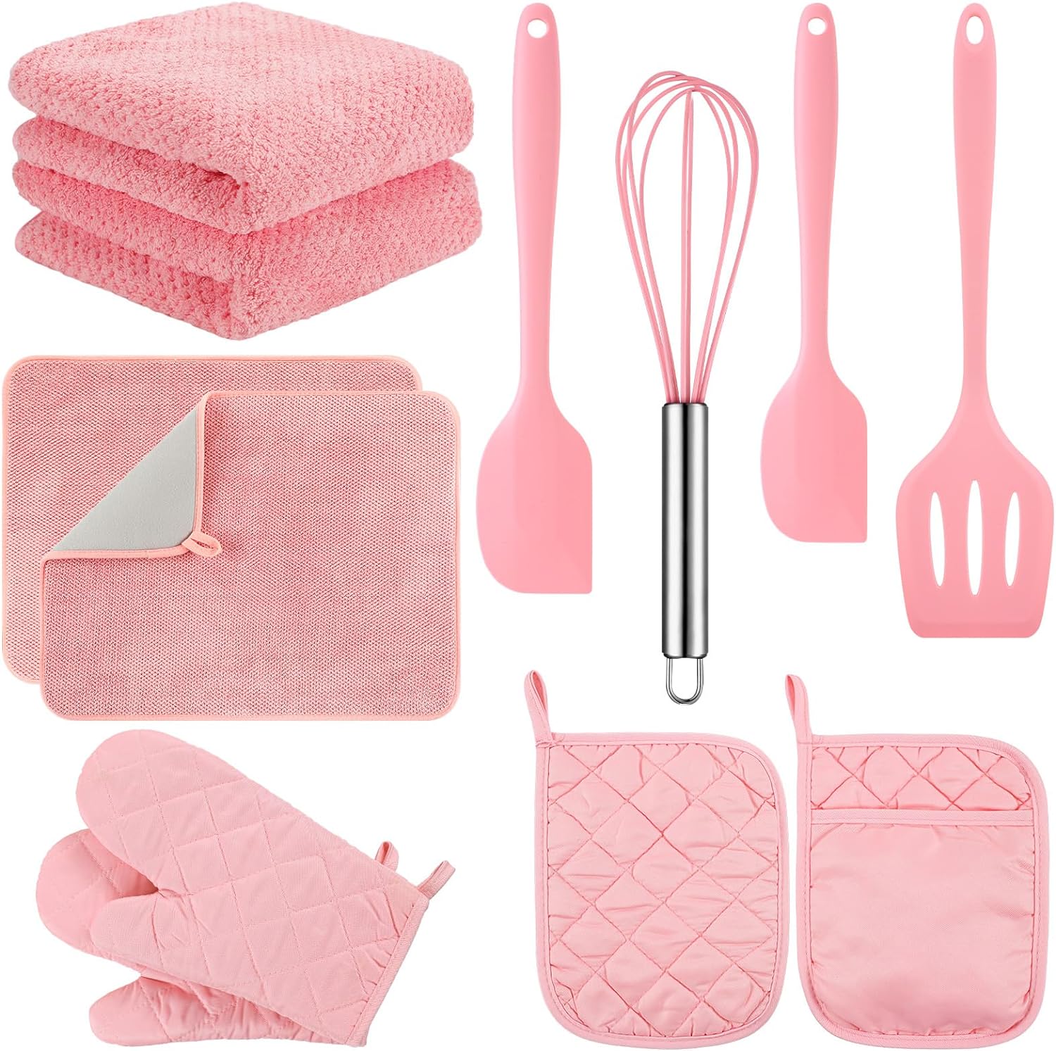 Umigy 12 Pcs Kitchen Accessories Set Including Silicone Cooking Utensils Set, Cotton Oven Mitts and Pot Holders, Kitchen Towels, Dish Drying Mat for Kitchen Baking Cooking Grilling (Pink)