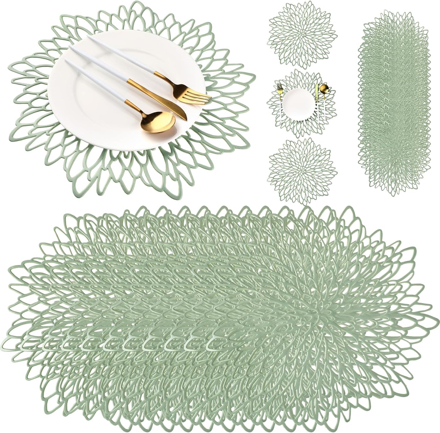 Umigy 100 Pack Sage Green Round Placemats Bulk Gold Placemats Metallic Placemats Plastic Laminated Leaf Placemat Washable Dinnig Table Placemat Chargers Plate for Dinner Wedding Christmas Thanksgiving