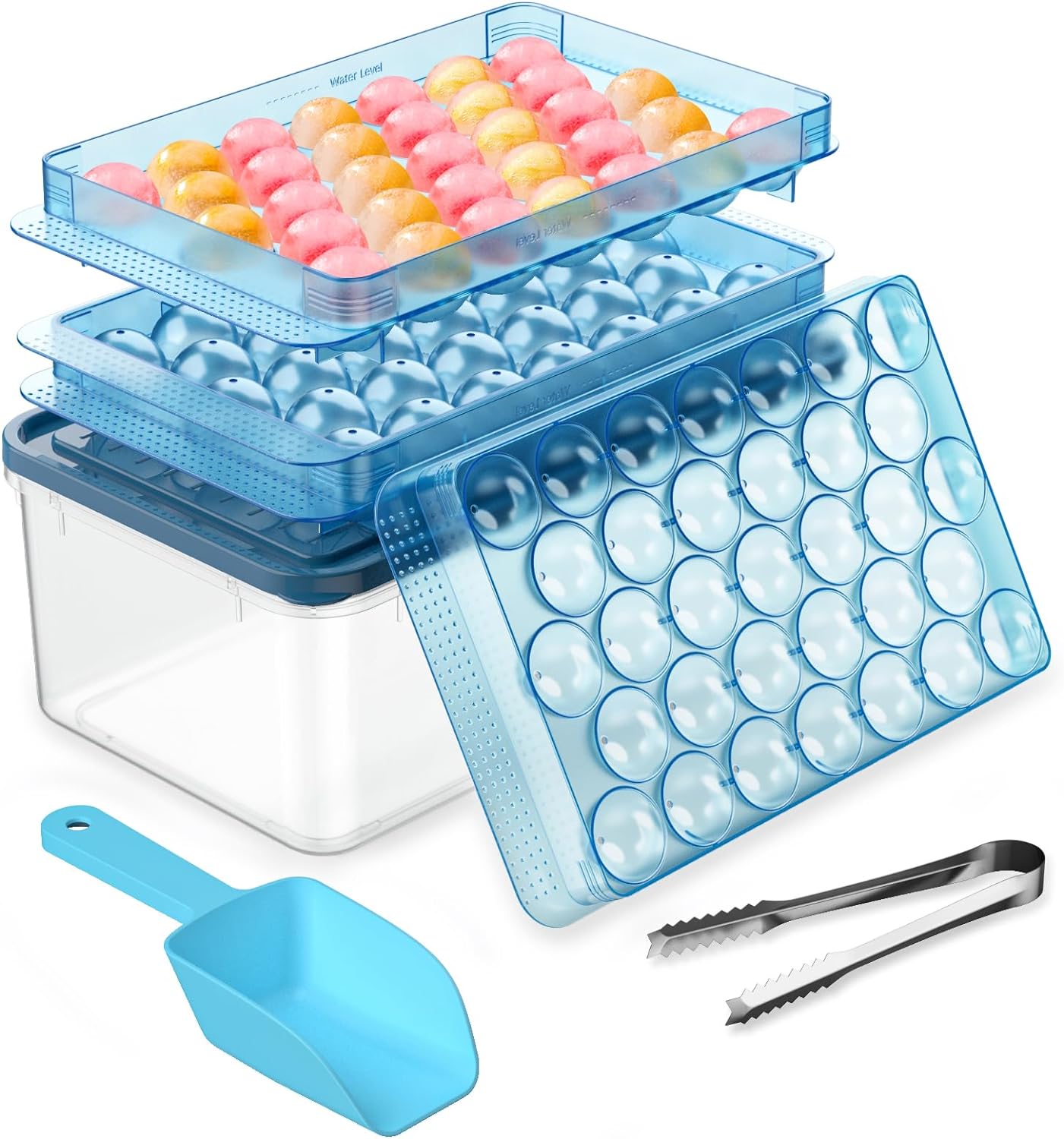 Ice Cube Tray with Lid and Bin, PHINOX Round Ice Trays for Freezer, Ice Trays Making 66 x 1.0IN Ice Cubes, Ice Cube Trays for Freezer with 2 Blue Trays, 1 Ice Bucket Scoop & Tong for Cocktail Whiskey