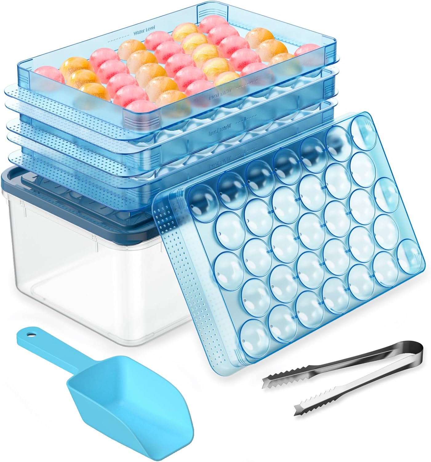 Ice Cube Tray with Lid and Bin, PHINOX Round Ice Trays for Freezer, Ice Trays Making 99 x 1.0IN Ice Cubes, Ice Cube Trays for Freezer with 3 Blue Trays, 1 Ice Bucket Scoop & Tong for Cocktail Whiskey