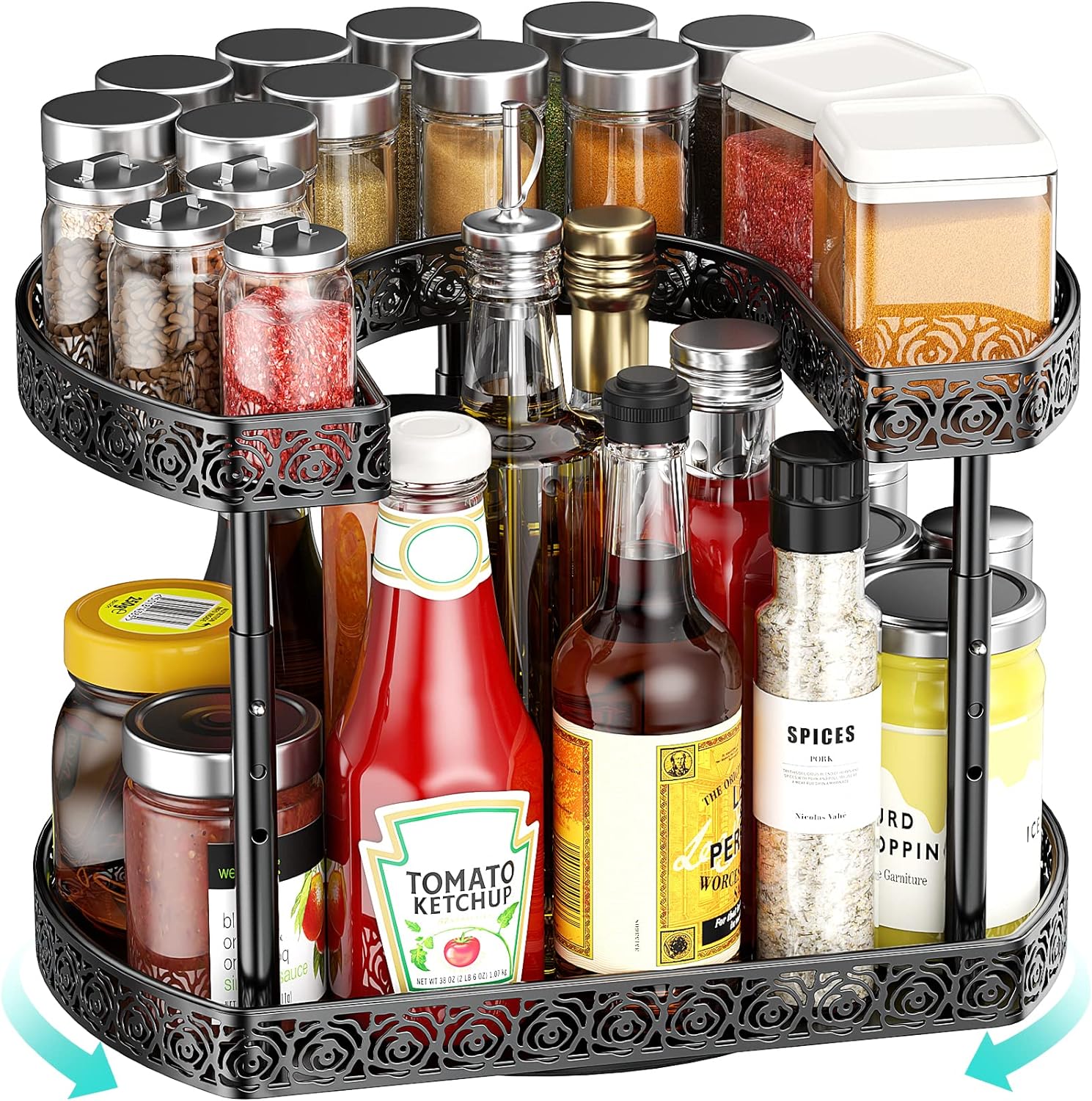 Spice Rack Organizer for Cabinet, 2 Tier Lazy Susan, PHINOX Lazy Susan Spice Organizer with Non-Slip Pad, Lazy Susan Turntable Organizer for Cabinet Pantry Countertop Organization (Black-Rose)