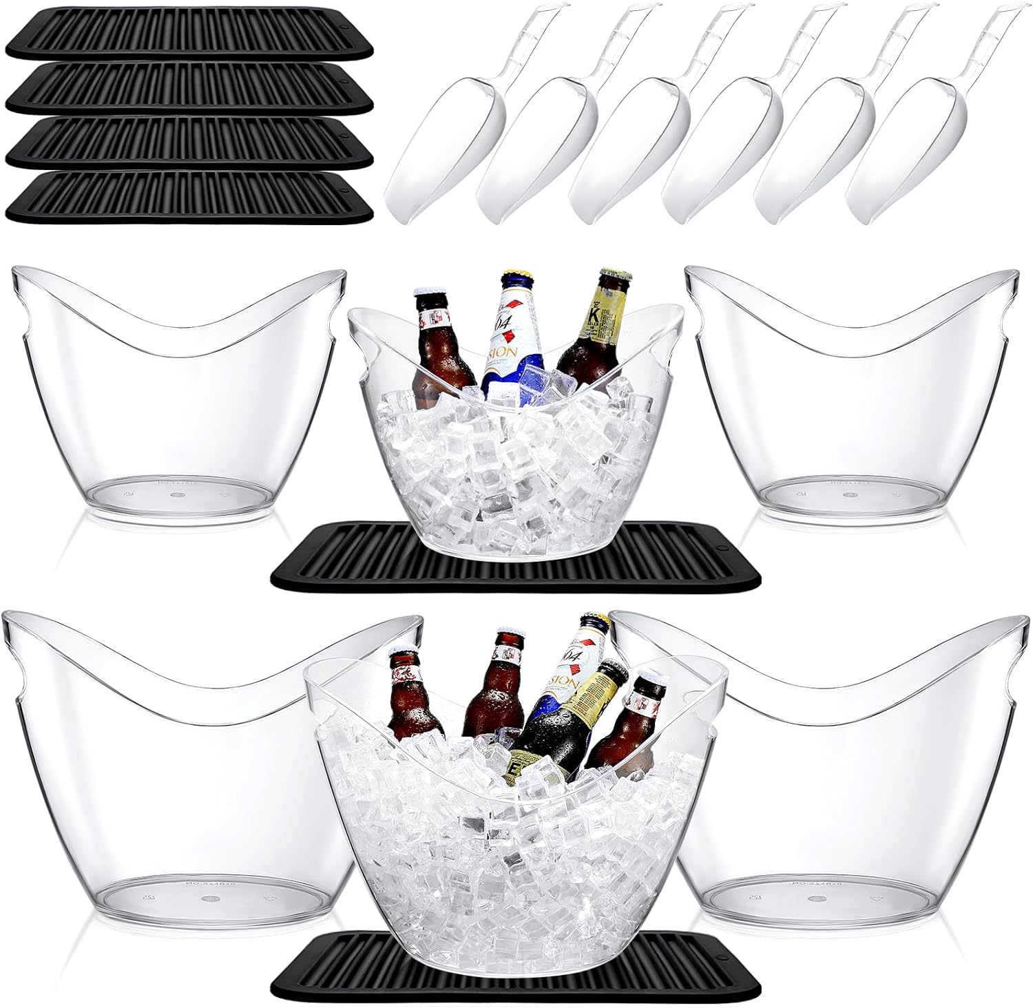 Umigy 18 Pcs Ice Bucket 8L and 4L Beverage Tub Champagne Wine Bucket with Ice Scoops and Insulated Mats for Parties and Drinks Plastic Clear Acrylic Ice Tub for Bar Champagne Wine or Beer Bottle