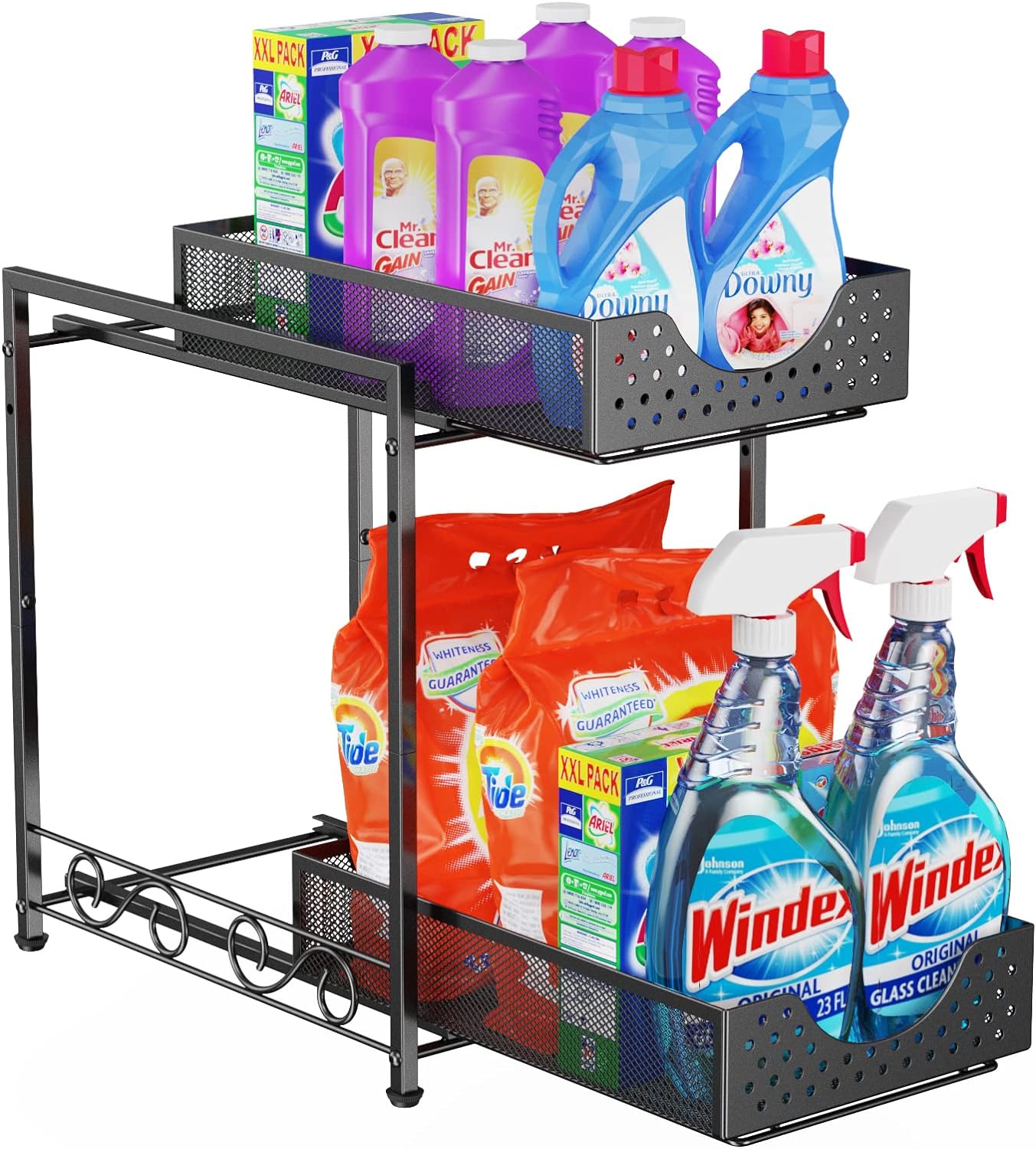 Under Sink Organizers and Storage, Bathroom Cabinet Organizer and Storage, 2 Tier Pull Out Under Cabinet Organizers and Storage, Metal Rolling Kitchen Sink Organizer with Non-slip Feet