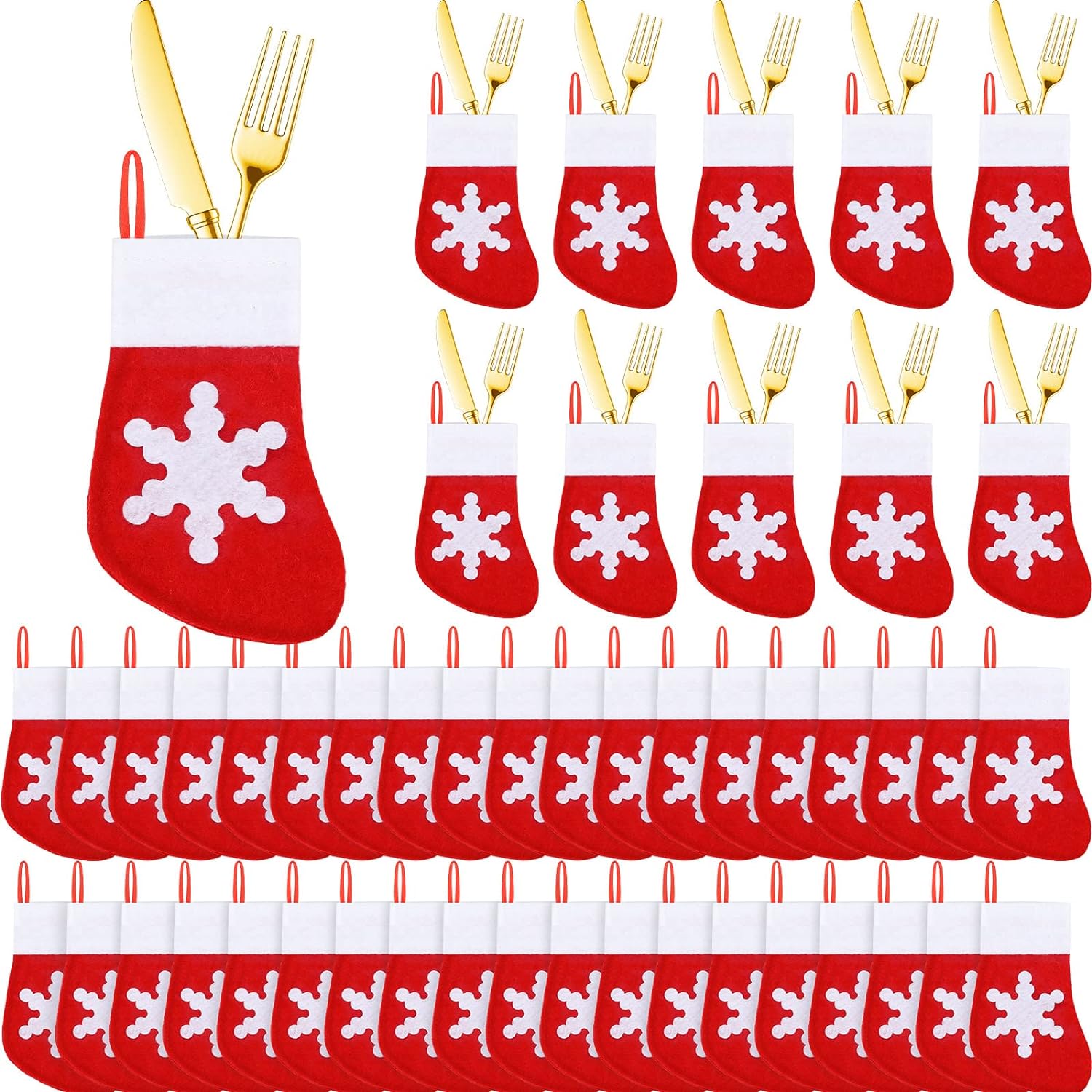 Umigy 200 Pcs Christmas Socks Decoration Tableware Holders Mini Christmas Stockings Candy Pouch Bags Knife Spoon Fork Bag Xmas Silverware Holder for Dinner Table Decorations (Red with Snowflake)