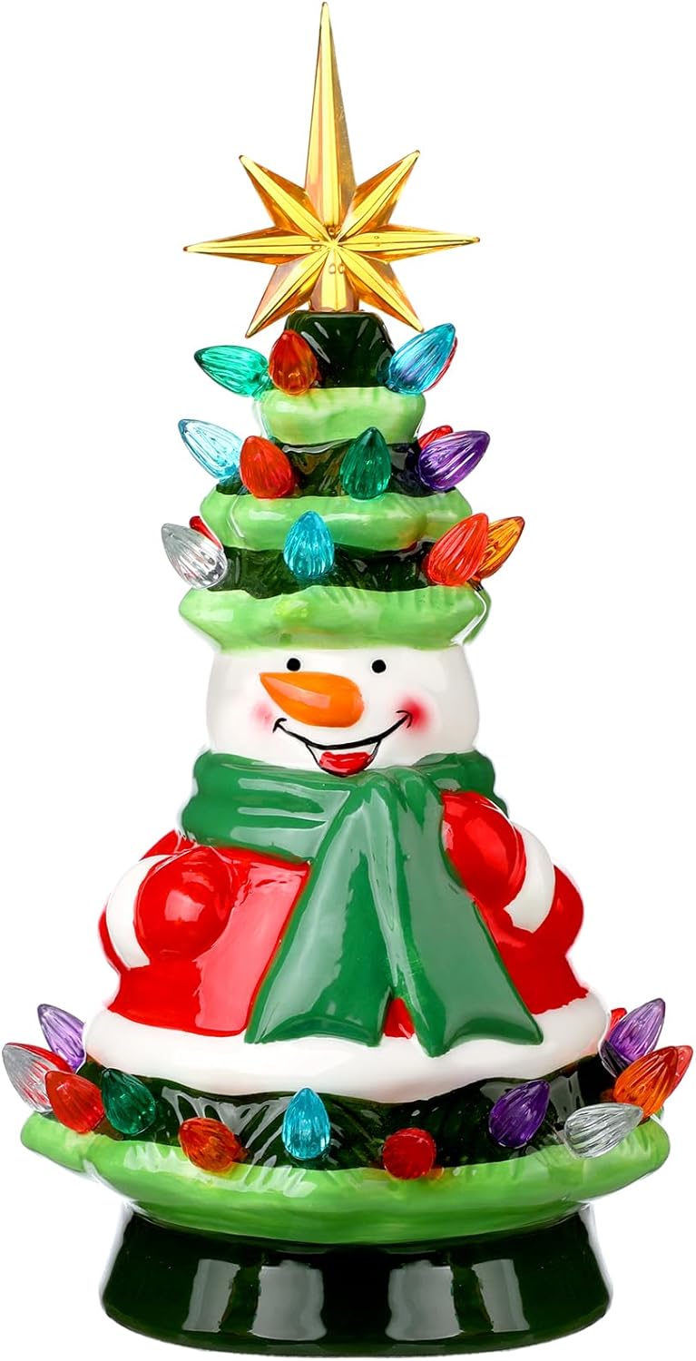 Umigy 11 Ceramic Christmas Tree with Multicolored Lights Christmas Desk Decoration Vintage Ceramic Christmas Tree Decorative Christmas Tree for Holiday Xmas Indoor Decorations(Snowman)