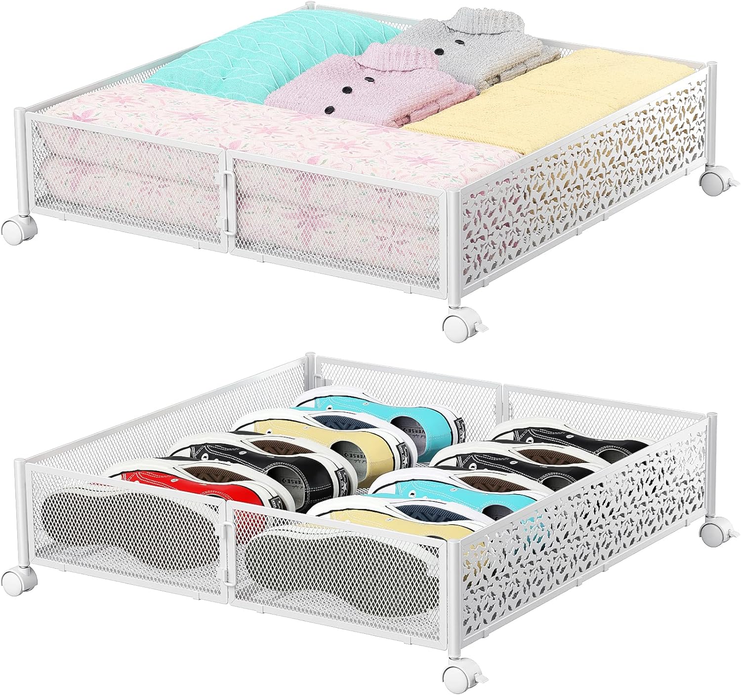 Under Bed Storage, Under the Bed Storage Containers with Wheels, Under Bed Shoe Storage Organizer Drawer, Tool-free Assembly Metal Underbed Storage Containers for Bedroom Clothes Shoes Blankets -2PCK