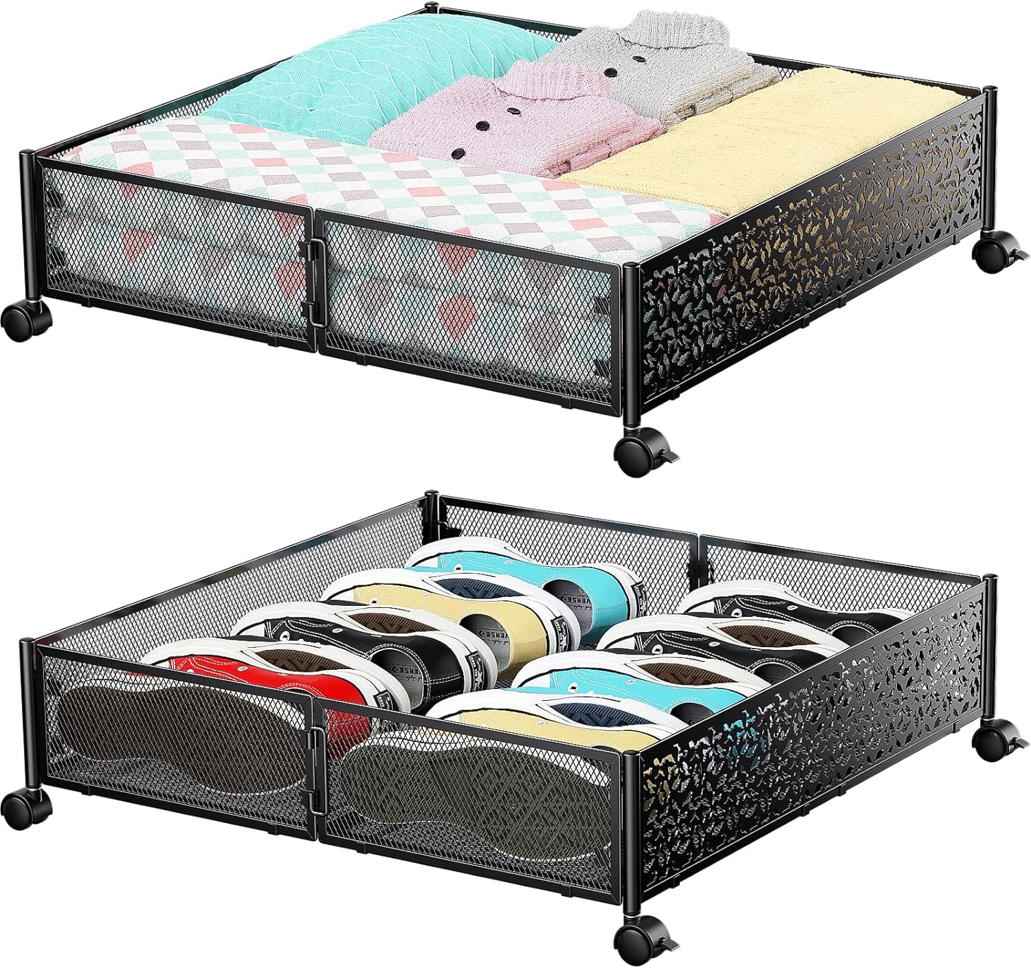 Under Bed Storage, Under the Bed Storage Containers with Wheels, Under Bed Shoe Storage Organizer Drawer, Tool-free Assembly Metal Underbed Storage Containers for Bedroom Clothes Shoes Blankets -2PCK