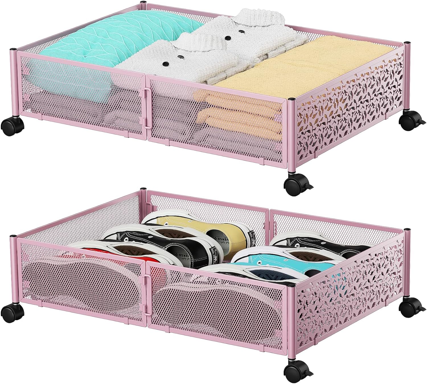 Under Bed Storage, Under the Bed Storage Containers with Wheels, Under Bed Shoe Storage Organizer Drawer for Bedroom Clothes Shoes Blankets -Pink