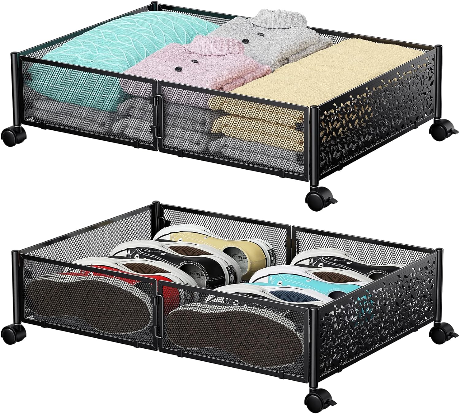 Under Bed Storage Containers with Wheels, Under Bed Shoe Storage Organizer Drawer, Tool-free Assembly Metal Storage Containers for Bedroom Clothes Shoes Blankets -2PCK