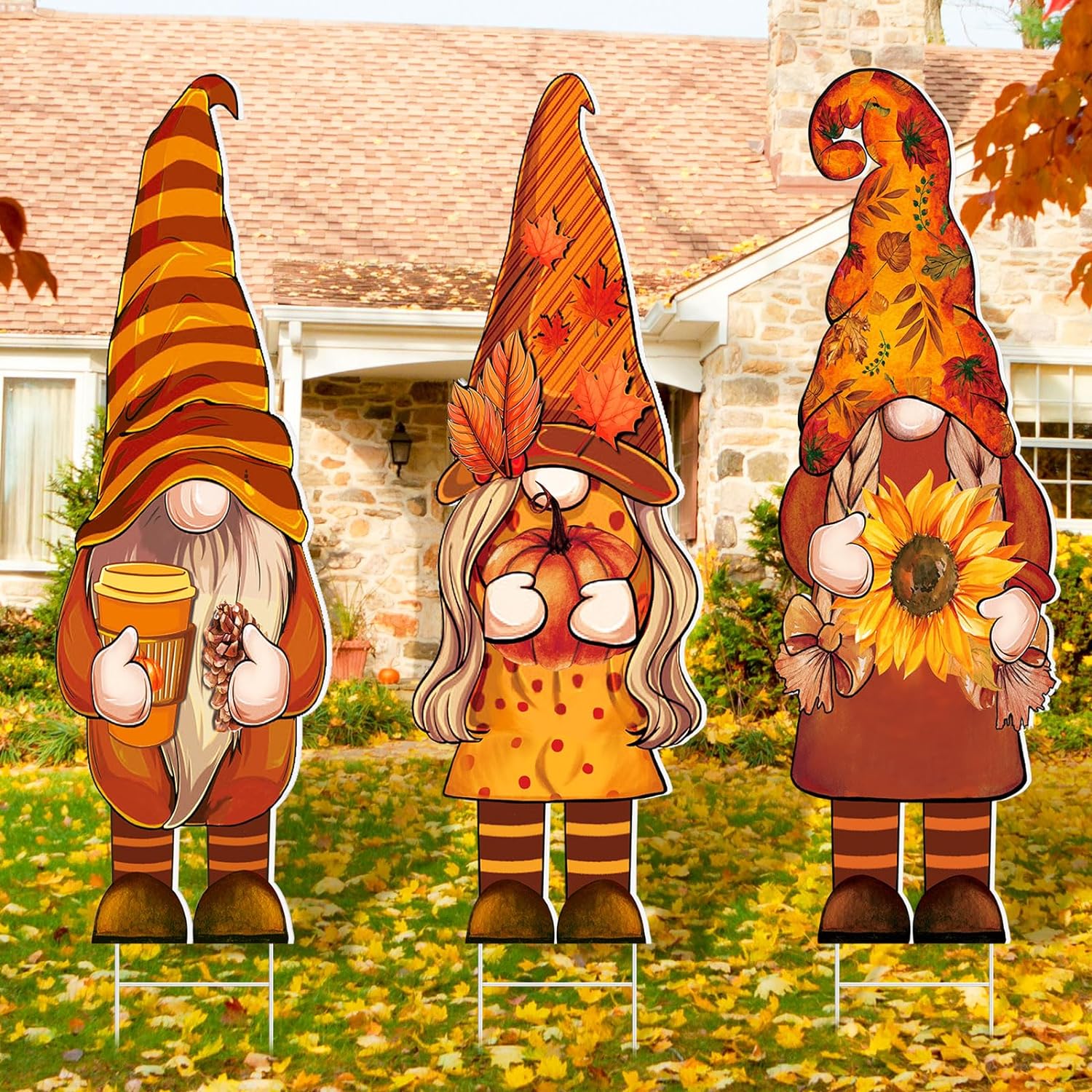 Umigy 3 Pcs Thanksgiving Yard Sign Gnome Outdoor Sign with Stakes 32 x 10 Inch Fall Autumn Harvest Gnome Lawn decor Thanksgiving Yard Decor Thanksgiving Lawn Decor for Home Pathway Walkway Decor
