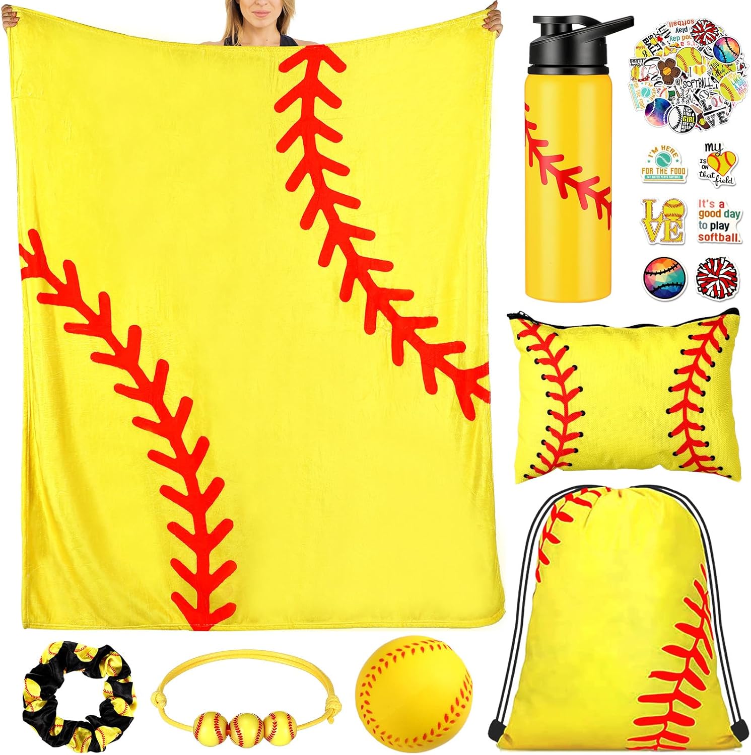 Umigy 8 Pcs Softball Gifts Including Blanket, 23 oz Water Bottle, Drawstring Bag, Cosmetic Bag, Stickers, Bracelets, Sport Hair Scrunchies, Foam Training Ball for Softball Party Favors