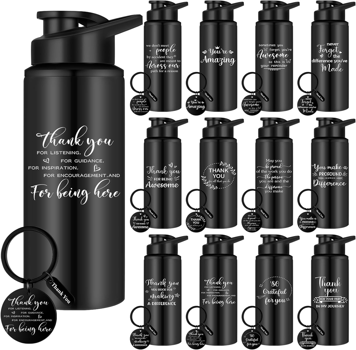 Umigy 24 Set Thank You Gifts 20 oz Water Bottle Bulk Coworker Keychain Thank You Sign Leak Proof Sports Water Bottle Employee Appreciation Gifts May for Women Men Gym Outdoor Nurse (Stylish,Aluminum)