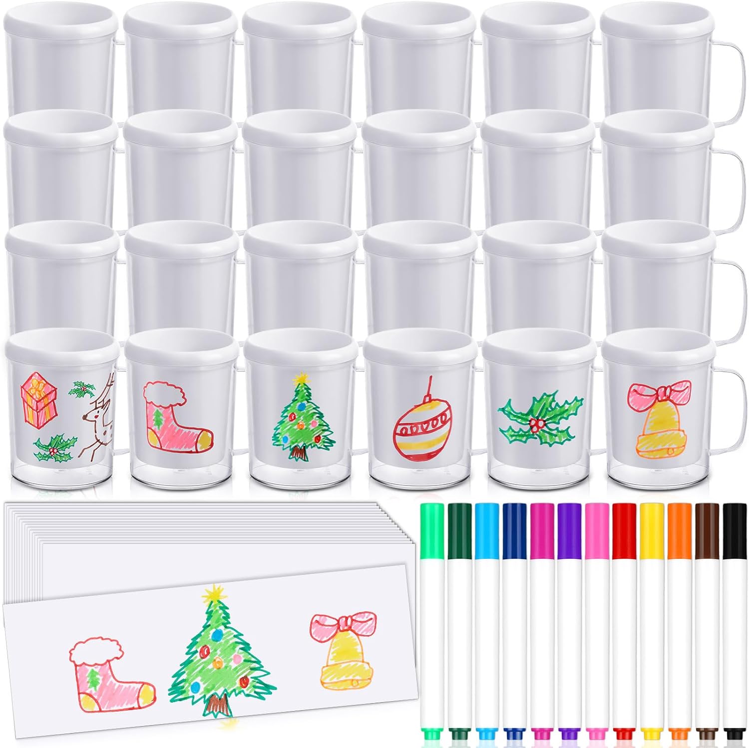 Umigy 24 Set Christmas Painted Mug Kit for Kids Bulk Color Your Own Cups Design Your Own Mugs Colorful Markers Great Craft Project for DIY Birthday Mothers Fathers Day Gift Supply