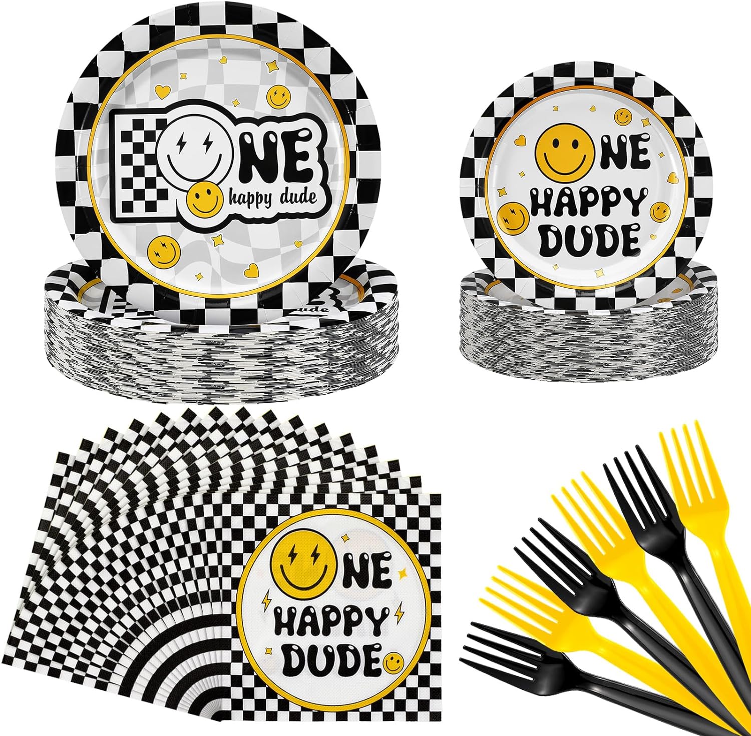 Umigy 96 Pcs One Happy Dude Birthday Party Decorations One Happy Dude Party Tableware Smile Face Party Supplies for 24 Guests Smile Plates Cups Napkins Forks for 1st Birthday Party