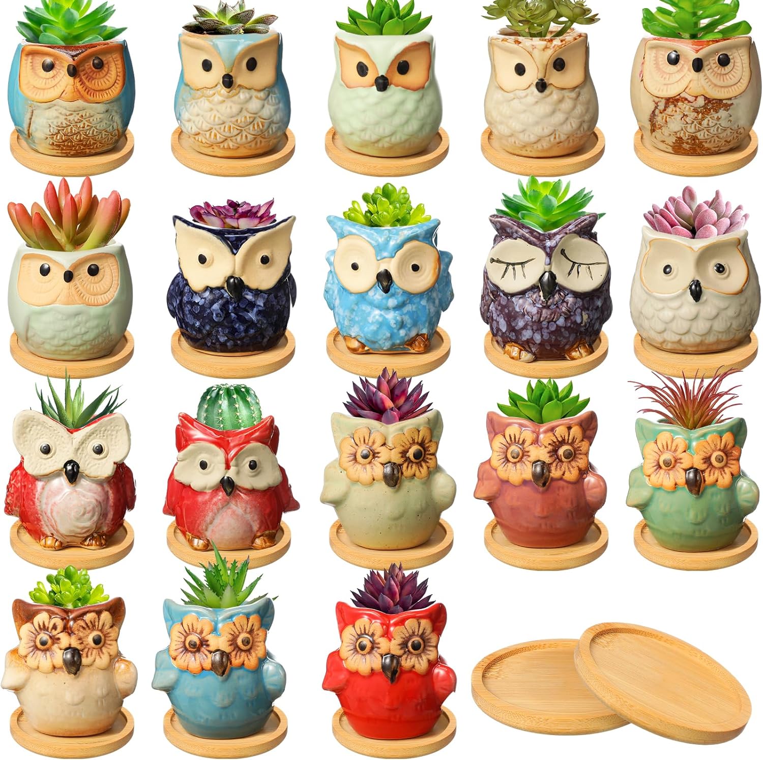 Umigy 18 Pcs Succulent Plant Pots Bulk Owl Ceramic Animal Owl Planters, Cactus Plant Pot Small Flower Pot with Drainage Hole Bamboo Tray Garden Pots Container Home Decoration