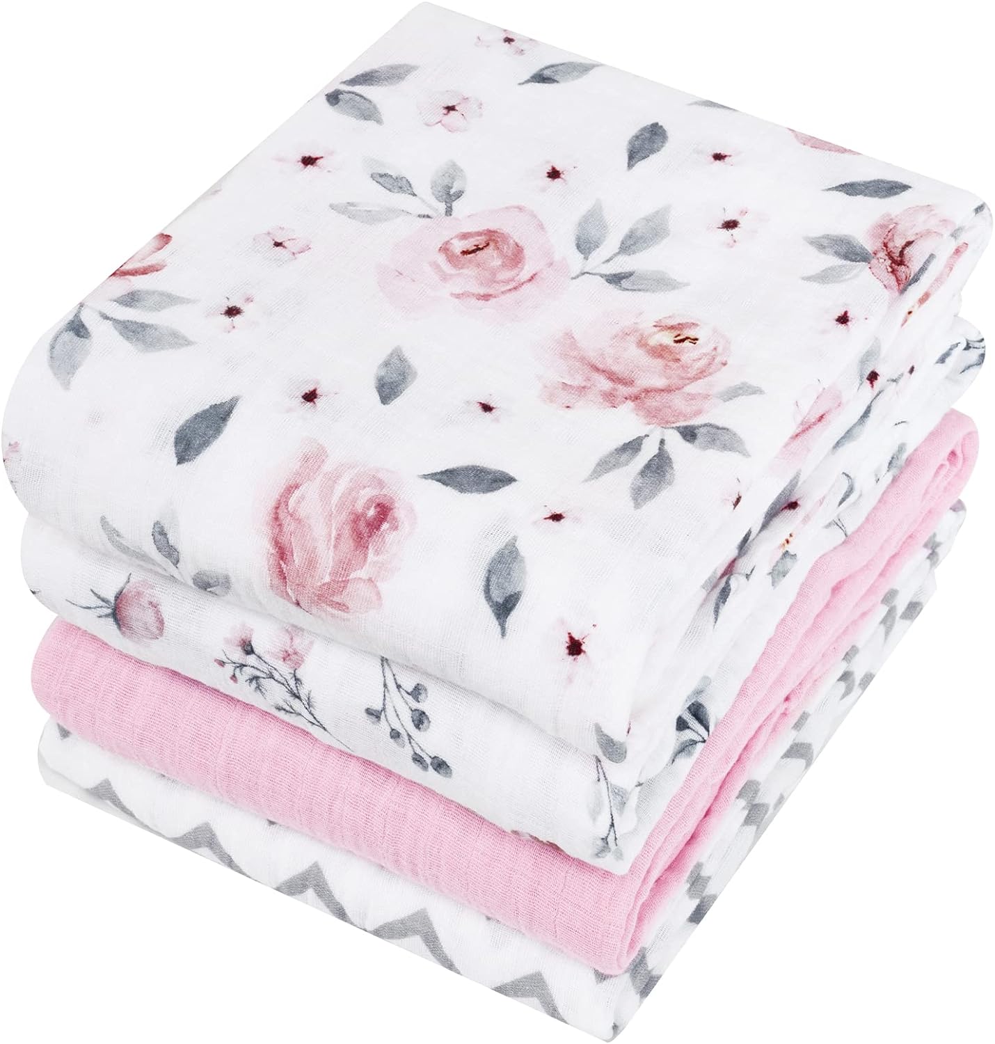 PHF 4 Pack 100% Cotton Baby Muslin Swaddle Blankets, Super Soft Breathable Comfy Baby Swaddle Wrap Set, Receiving Blanket for Infant Baby Girls&Boys, Floral/Flower/Pink/Wave