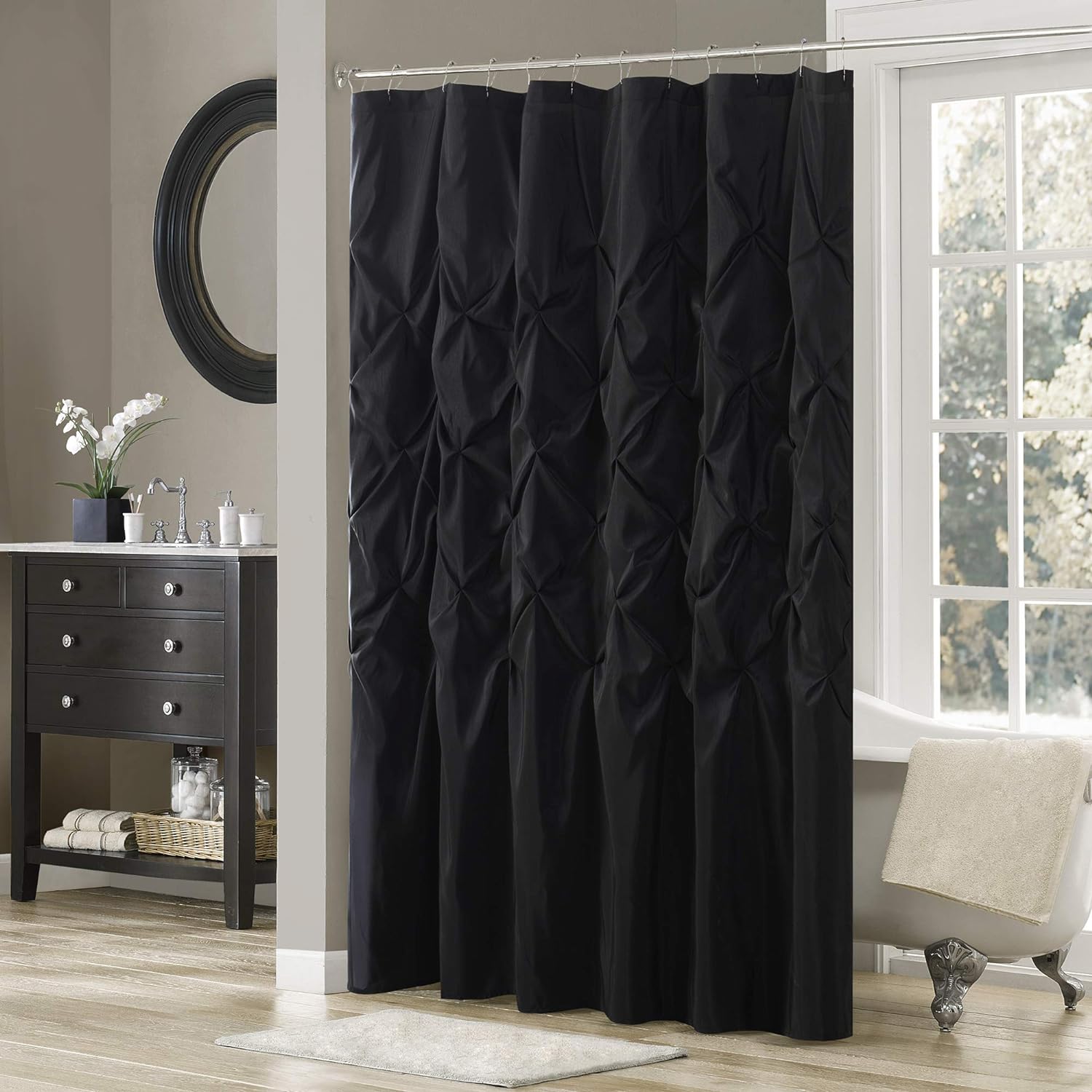 Madison Park Laurel Black Shower Curtain, Solid Transitional Shower Curtains for Bathroom, 72 X 72