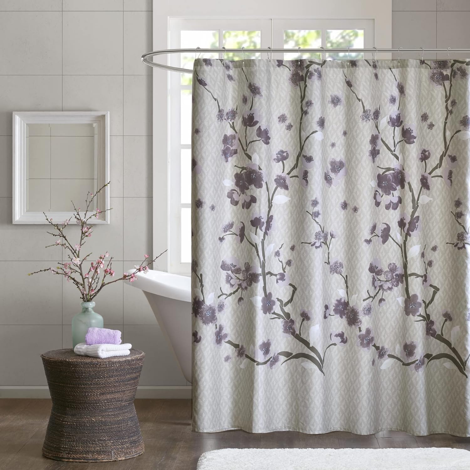 Madison Park Holly Modern Cotton Fabric Long Shower Curtain , Floral Shower Curtains for Bathroom , 72 X 72 , Grey/Purple Taupe