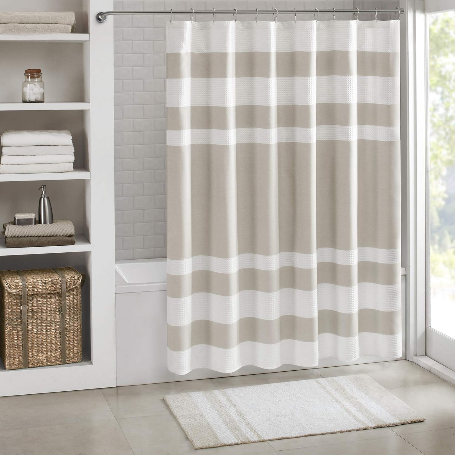 Madison Park Shower Curtain, Waffle Weave, Pieced Design Fabric Shower Curtain with 3M Scotchgard Moisture Management, Premium Spa Quality Modern Shower Curtains for Bathroom, Standard 72