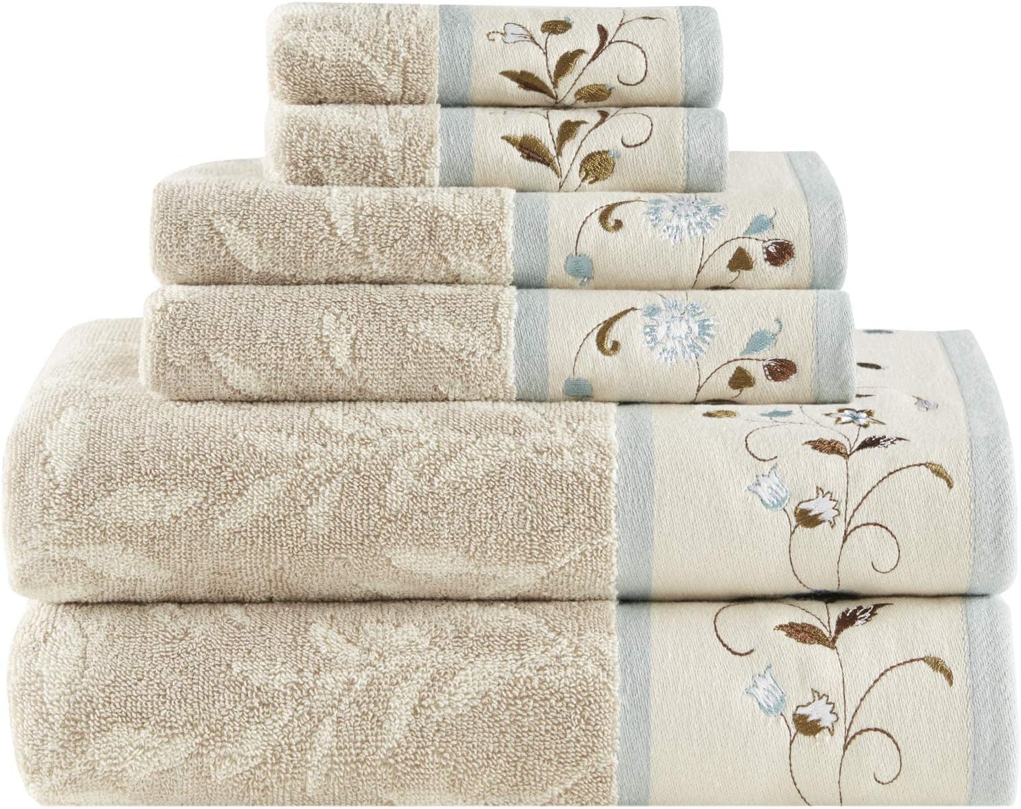 Madison Park Serene 100% Cotton Bath Towel Set Luxurious Floral Embroidered Cotton Jacquard Design, Soft and Highly Absorbent for Shower, Multi-Sizes, Blue, 4