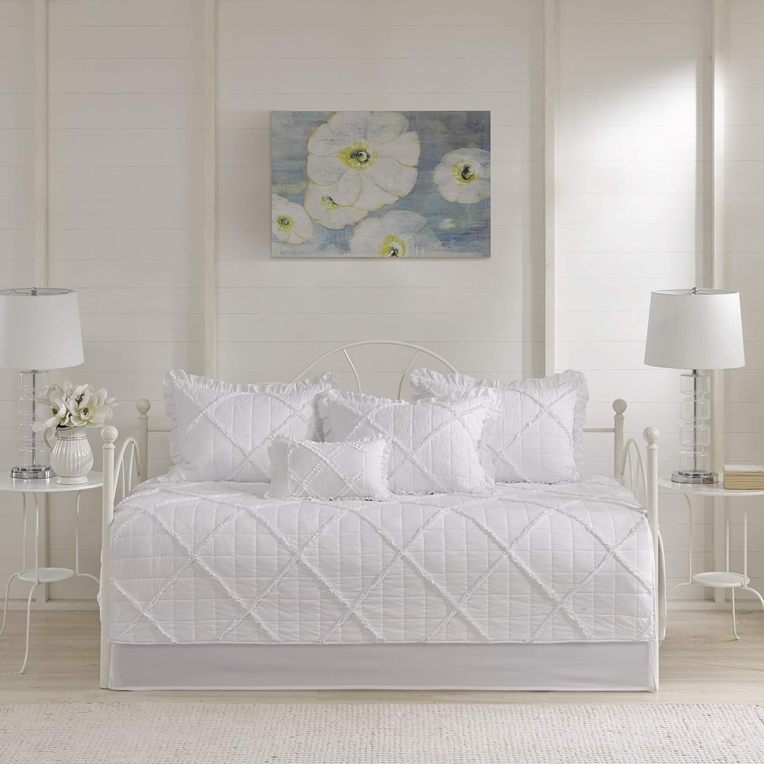 Madison Park Daybed Cover Set - Trendy Design, All Season Luxury Bedding with Bedskirt, Matching Shams, Decorative Pillow, Quilted Diamond Ruffle White 75