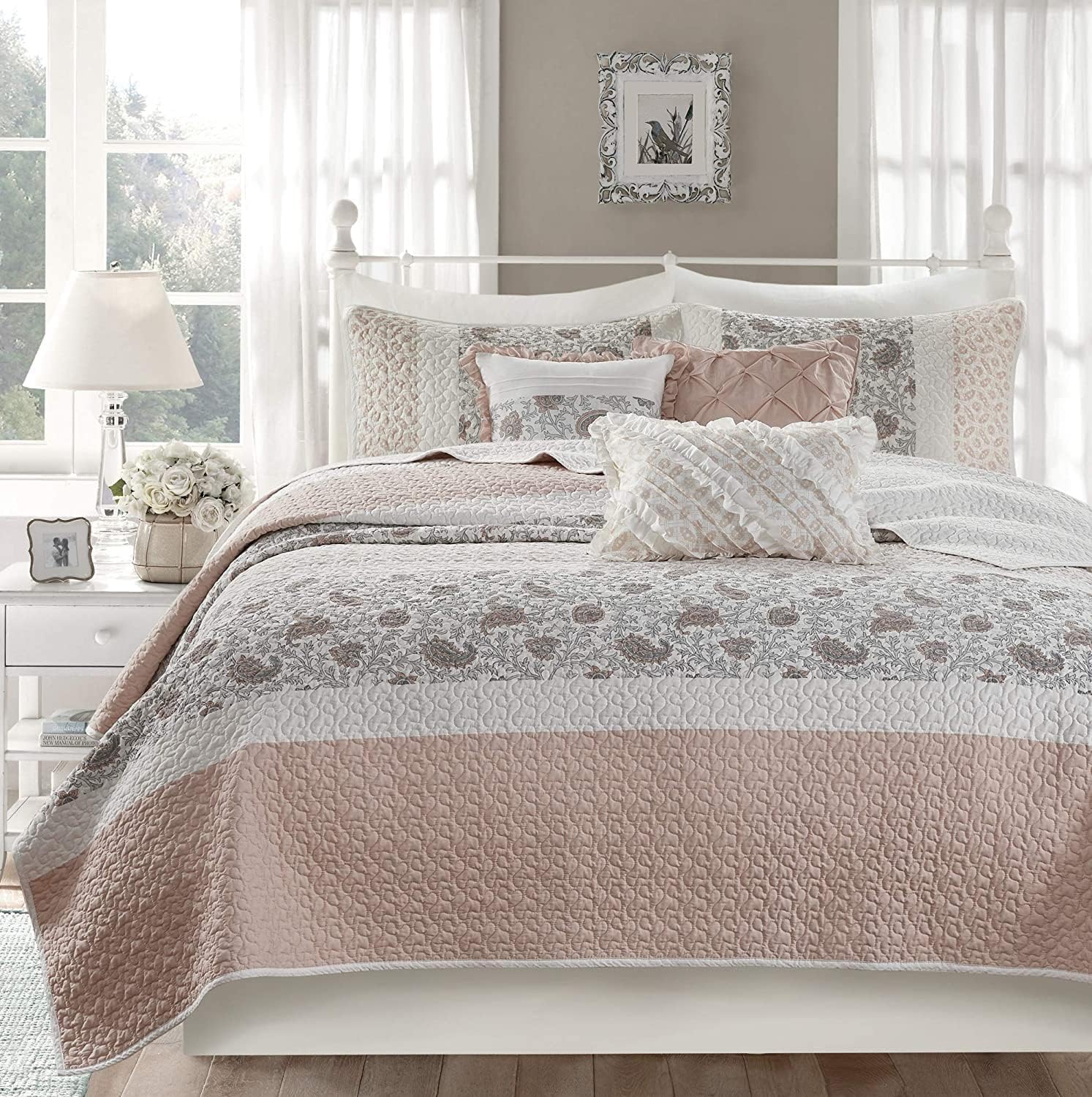 Madison Park 100% Cotton Quilt Set Floral Print, Double Sided Stitching, All Season, Lightweight Coverlet Shabby Chic Bedding Layer, Matching Shams, Full/Queen, Blush 6 Piece