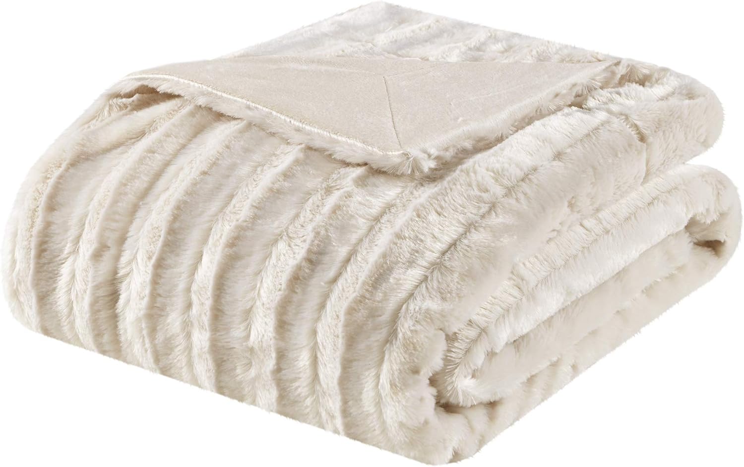 Madison Park Duke Luxury Long Faux Fur Throw Ivory 50*60 Premium Soft Cozy Brushed Long Faux Fur For Bed, Coach or Sofa