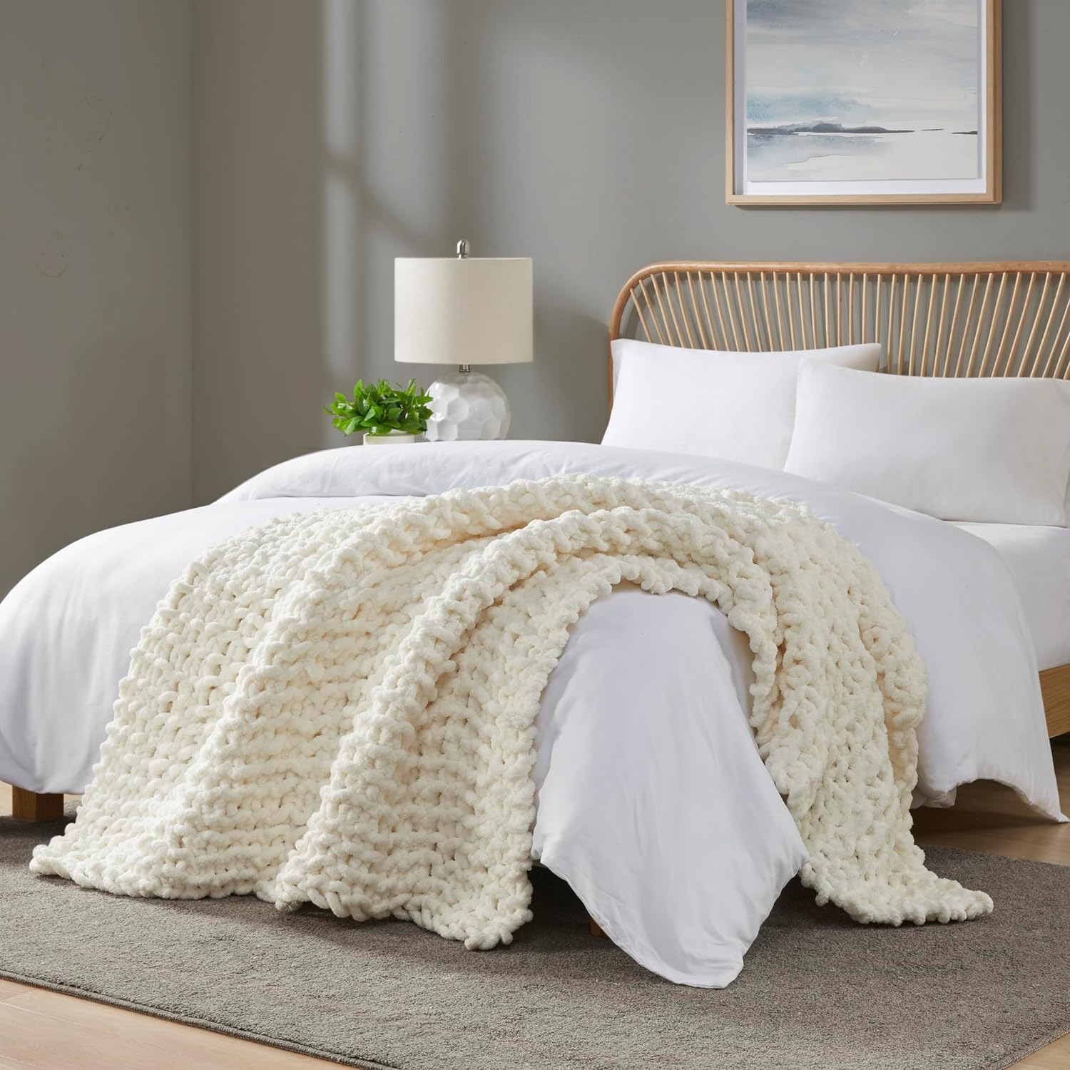 Madison Park Chunky Knit Handmade Throw Blanket, Luxurious and Classic Design, Elegantly Soft, Lightweight, Breathable, Cottage Style Room DÃ©cor All Season Throw Blanket for Couch, 50