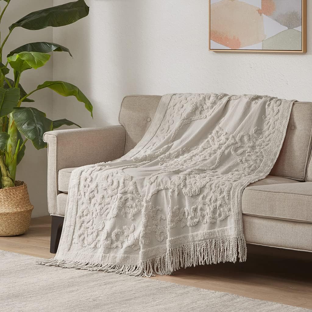 Madison Park 100% Cotton Tufted Chenille Design With Fringe Tassel Luxury Elegant Chic Lightweight, Breathable Cover, Luxe Cottage Room DÃ©cor Summer Blanket, 50