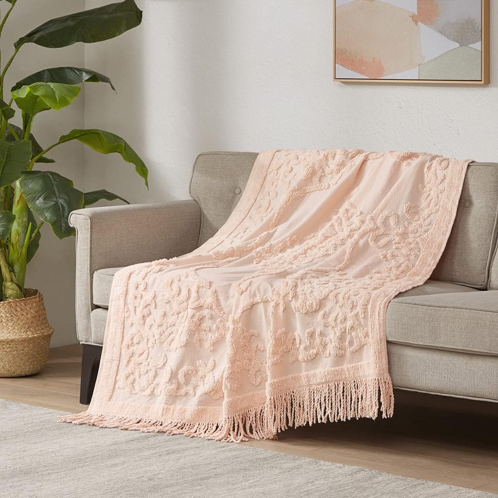 Madison Park 100% Cotton Tufted Chenille Design With Fringe Tassel Luxury Elegant Chic Lightweight, Breathable Cover, Luxe Cottage Room DÃ©cor Summer Blanket, 50