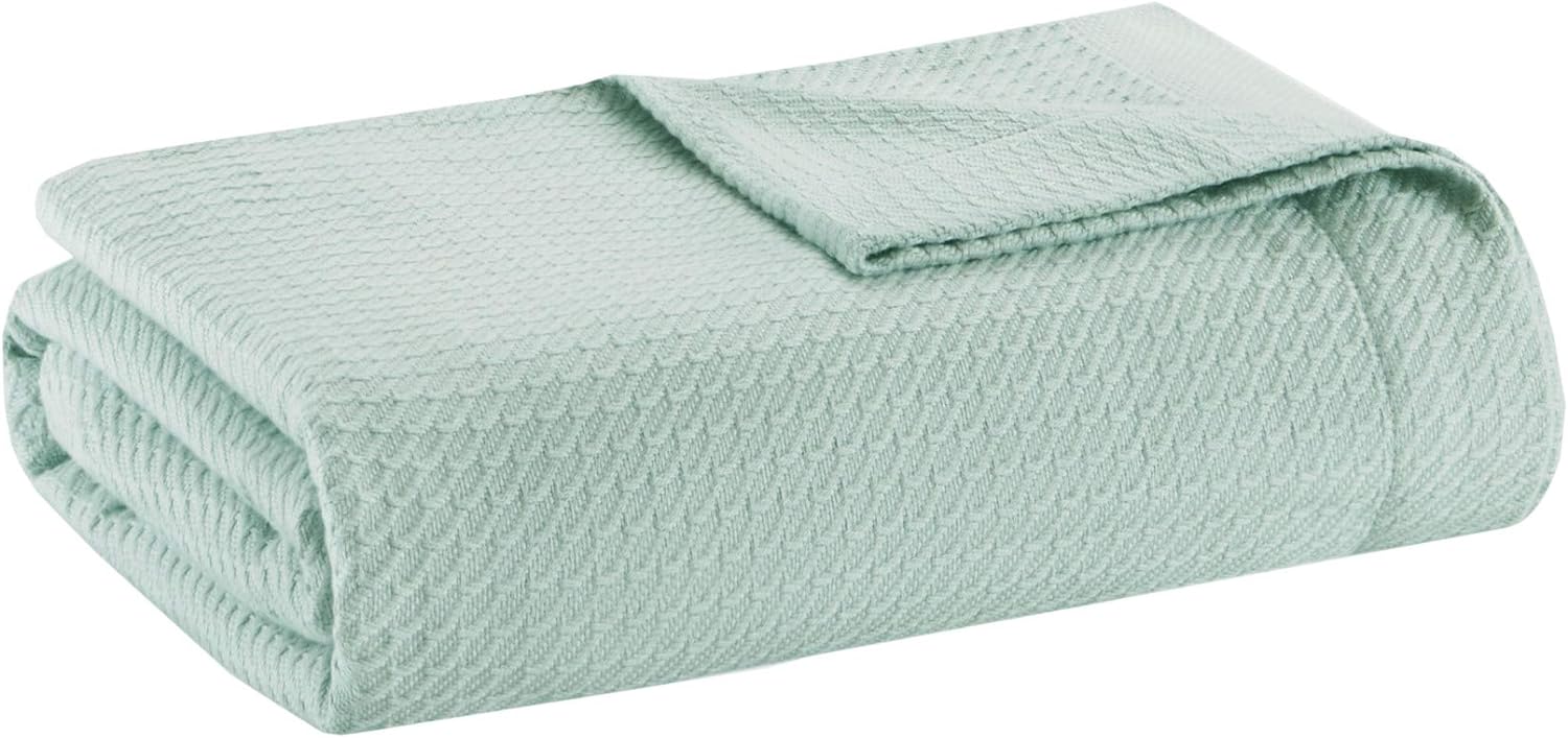 Madison Park Soft Certified 100% Egyptian Cotton Breathable Cozy Blanket, Premium Waffle Knit Classic Design, Luxury All Season Lightweight Cover for Bed, Couch and Sofa, Seafoam Full/Queen(90x90)