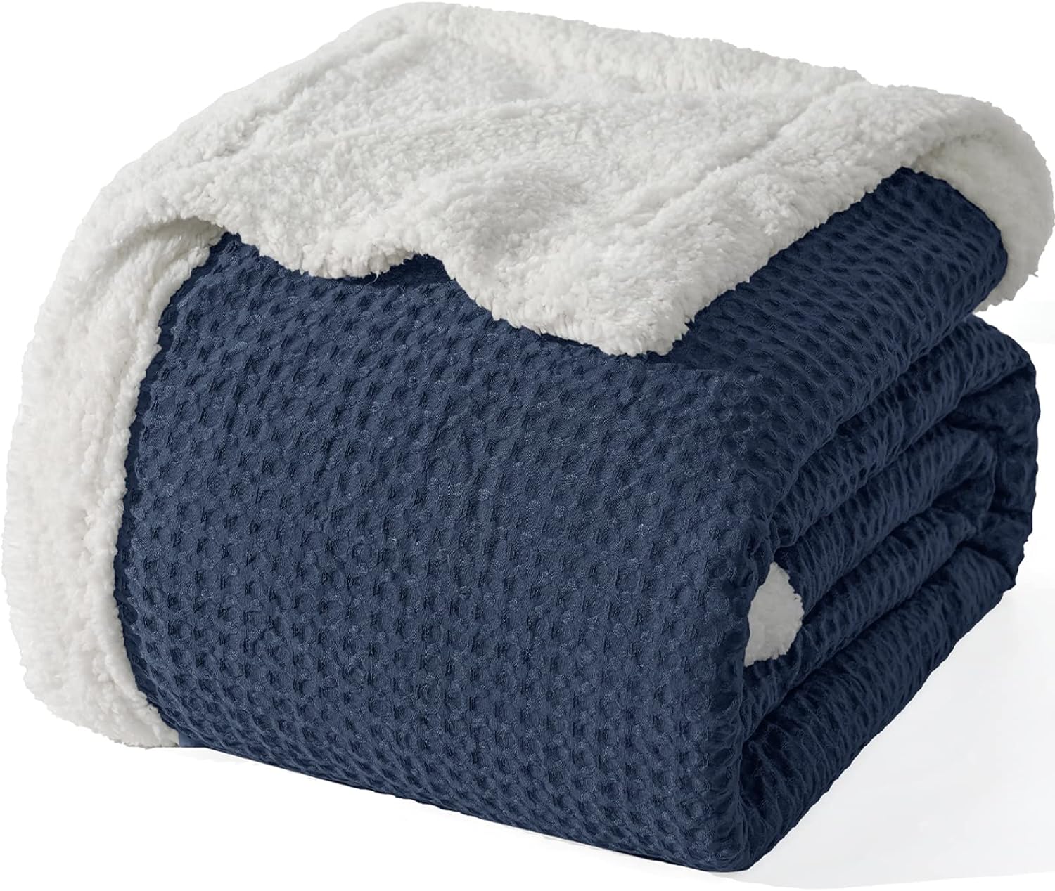 PHF Waffle Sherpa Blanket Twin Size, Luxury Warm Plush Flannel Blanket for Winter, No Shed No Pilling Cozy Soft Waffle Weave Fleece Blanket for Bed and Couch, Navy Blue, 66x80 Inches