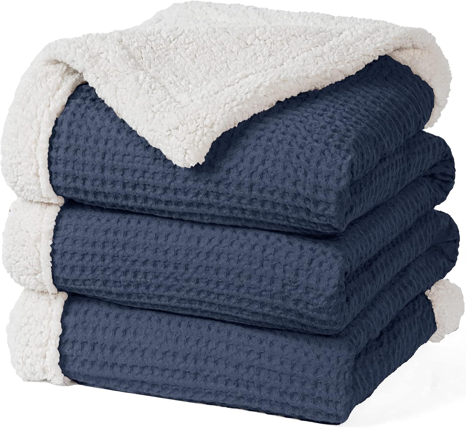 PHF Waffle Sherpa Blanket Queen Size, Luxury Warm Plush Flannel Blanket for Winter, No Shed No Pilling Cozy Soft Waffle Weave Fleece Blanket for Bed and Couch, Navy Blue, 90x90 Inches