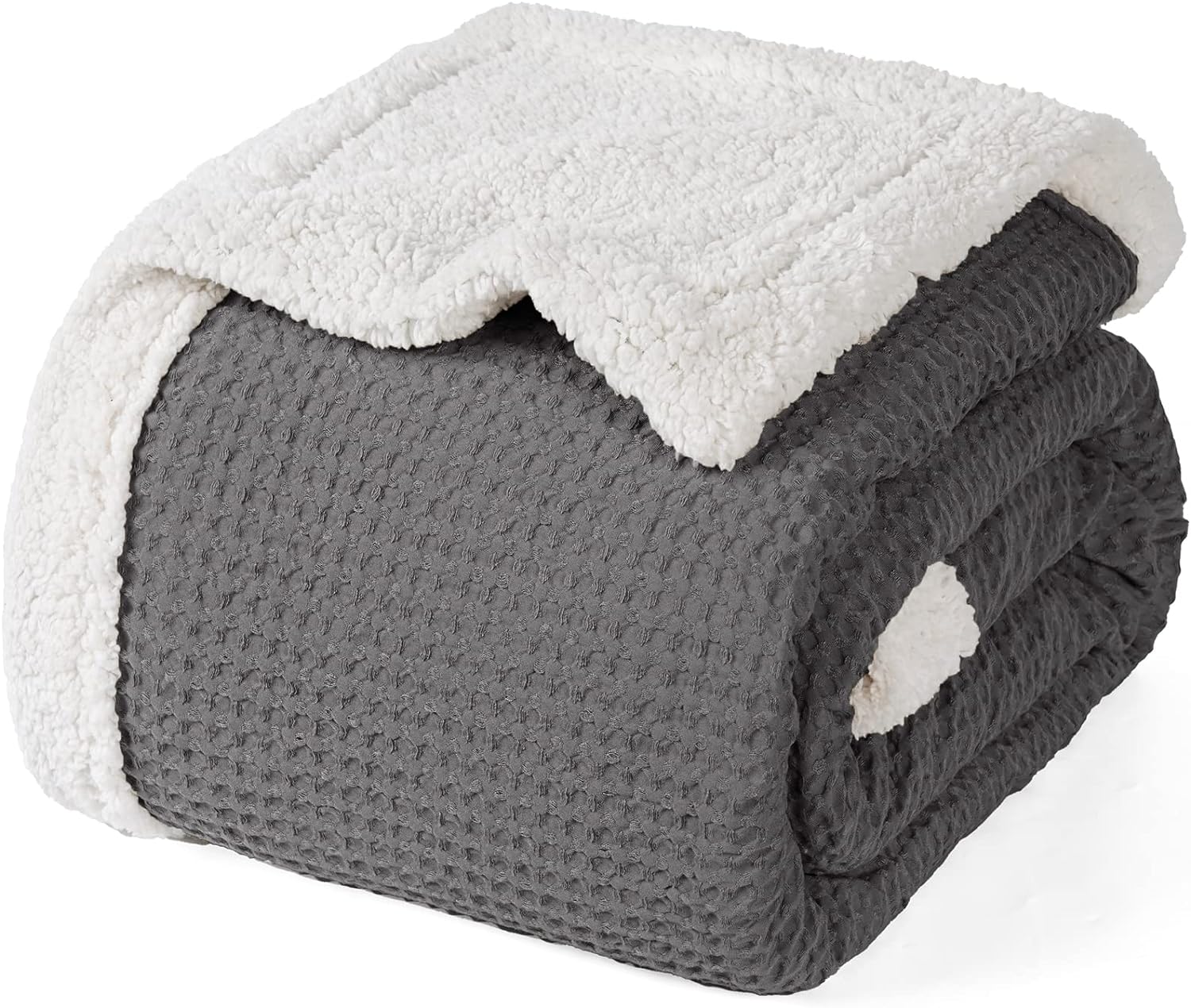 PHF Waffle Sherpa Blanket Twin Size, Luxury Warm Plush Flannel Blanket for Winter, No Shed No Pilling Cozy Soft Waffle Weave Fleece Blanket for Bed and Couch, Grey, 66x80 Inches