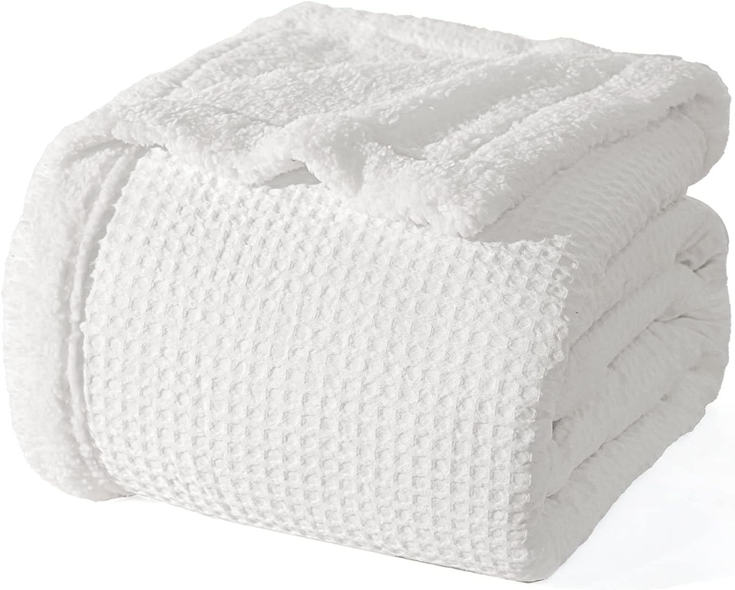 PHF Waffle Sherpa Blanket Twin Size, Luxury Warm Plush Flannel Blanket for Winter, No Shed No Pilling Cozy Soft Waffle Weave Fleece Blanket for Bed and Couch, White, 66x80 Inches