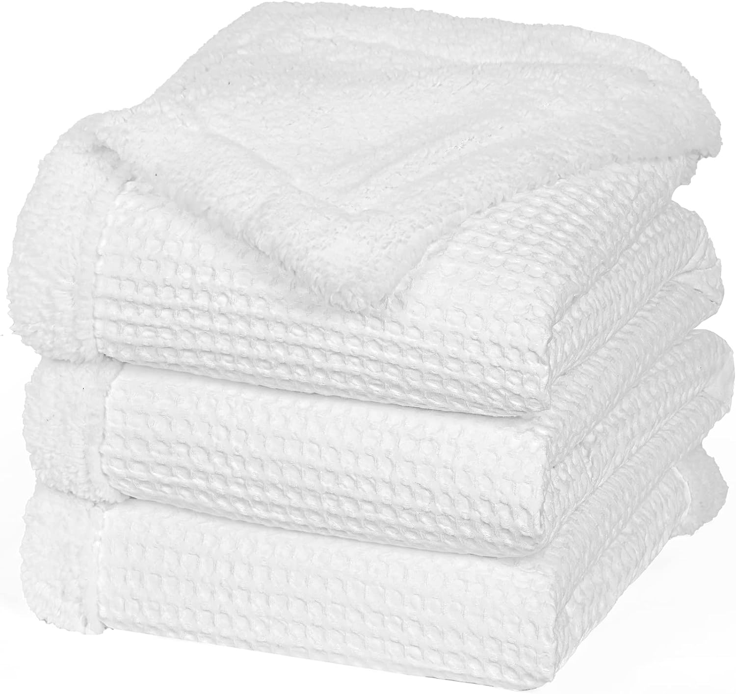 PHF Waffle Sherpa Blanket King Size, Luxury Warm Plush Flannel Blanket for Winter, No Shed No Pilling Cozy Soft Waffle Weave Fleece Blanket for Bed and Couch, White, 104x90 Inches