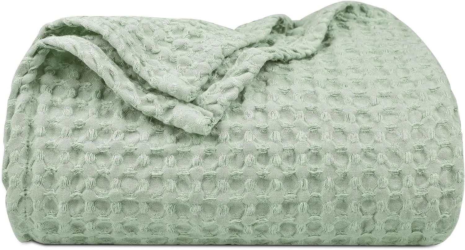 PHF Ultra Soft Waffle Weave Throw Blanket 50x 60- Washed Lightweight Breathable Cozy Woven Blanket for All Season - Great for Couch Bed Sofa Home Car - Sage Green/Mint Green