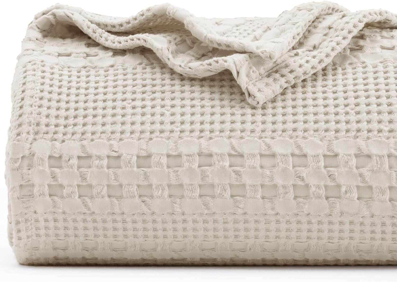 PHF 100% Cotton Waffle Weave Blanket King Size - Washed Soft Lightweight Blanket for All Season - Breathable and Skin-Friendly Blanket for Couch Bed Sofa 108x90 - Natural/Linen