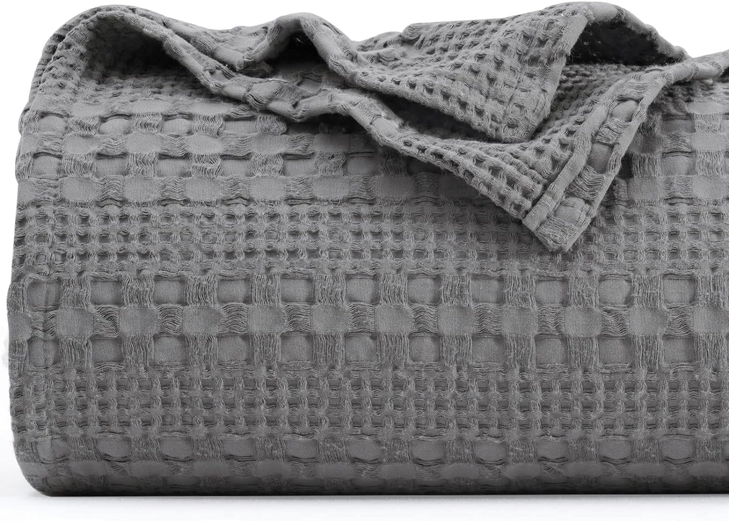 PHF 100% Cotton Waffle Weave Blanket Queen Size - Washed Soft Lightweight Blanket for All Season - Breathable and Skin-Friendly Blanket for Couch Bed Sofa 90x90 - Dark Grey