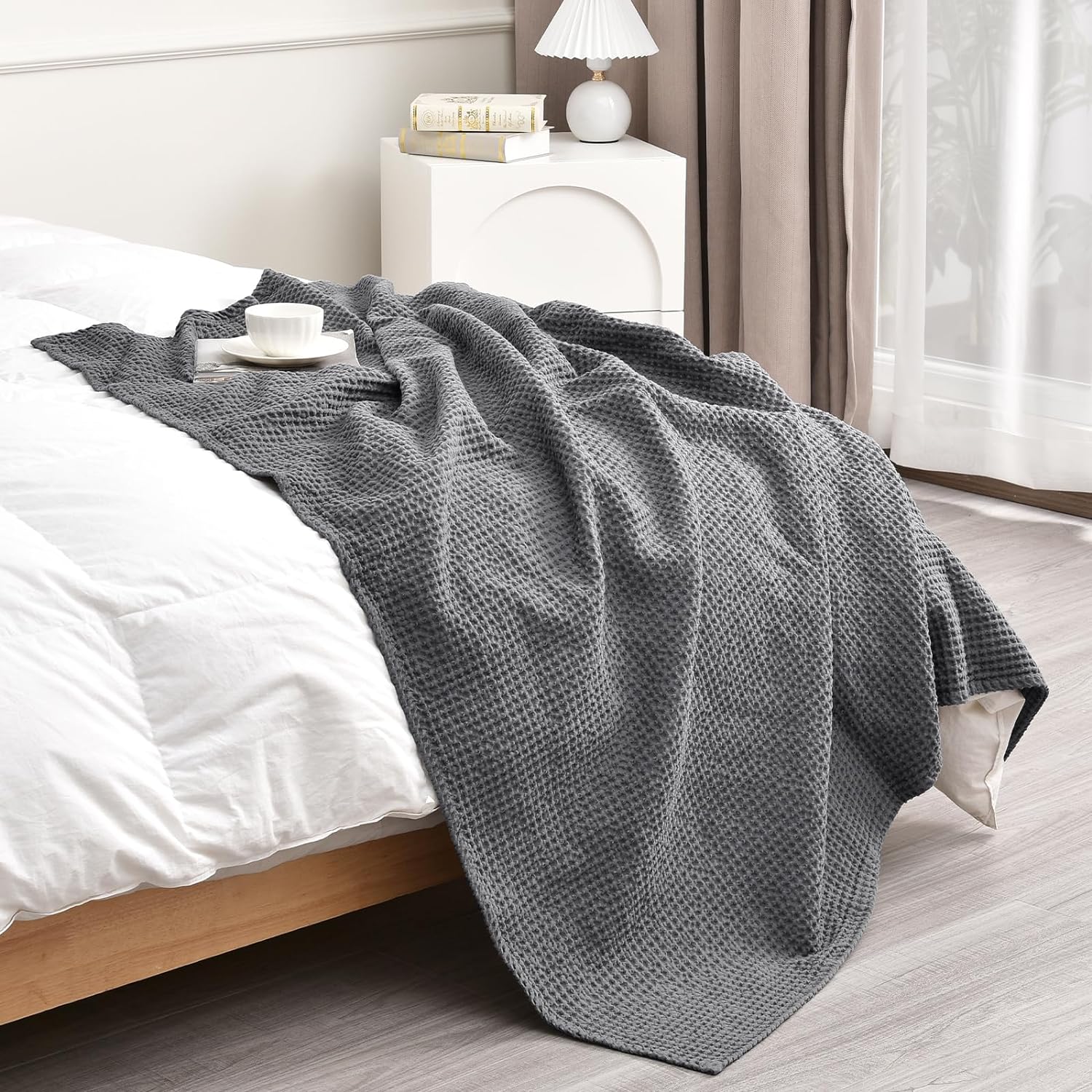 PHF 100% Cotton Waffle Weave Throw Blanket 50x60-Lightweight Washed Soft Breathable Blanket for Adults and Kids-Perfect Blanket Layer for Couch Bed Sofa-Elegant Home Decoration-Charcoal