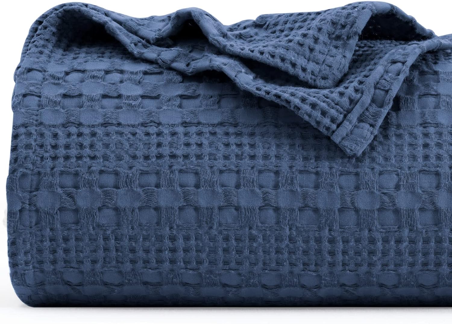 PHF 100% Cotton Waffle Weave Blanket Queen Size - Washed Soft Lightweight Blanket for All Season - Breathable and Skin-Friendly Blanket for Couch Bed Sofa 90x90 - Navy Blue